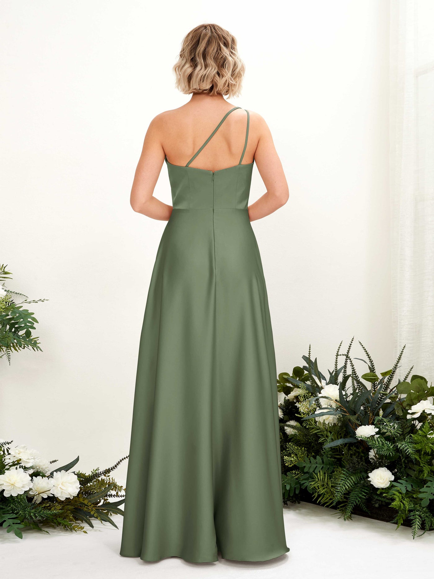 Carlyna A-Linien-Kleid One-Shoulder Bodenlang Brautjungfernkleid Olivgrün #farbe_olivgr-n