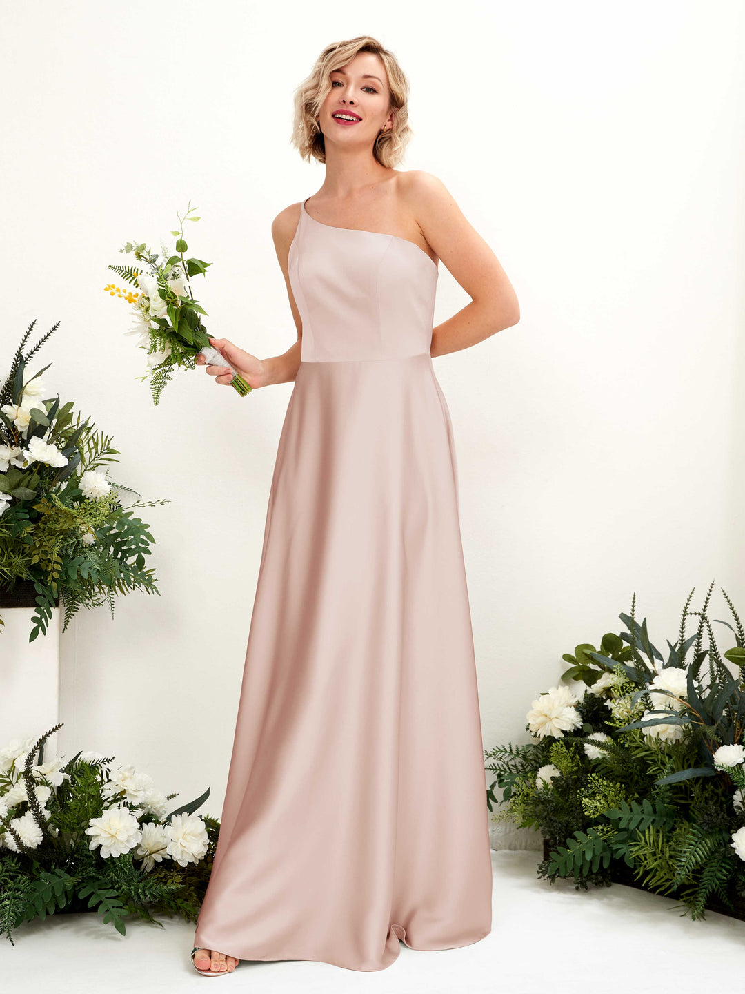 Carlyna A-Linien-Kleid One-Shoulder Bodenlang Brautjungfernkleid Perlrosa 