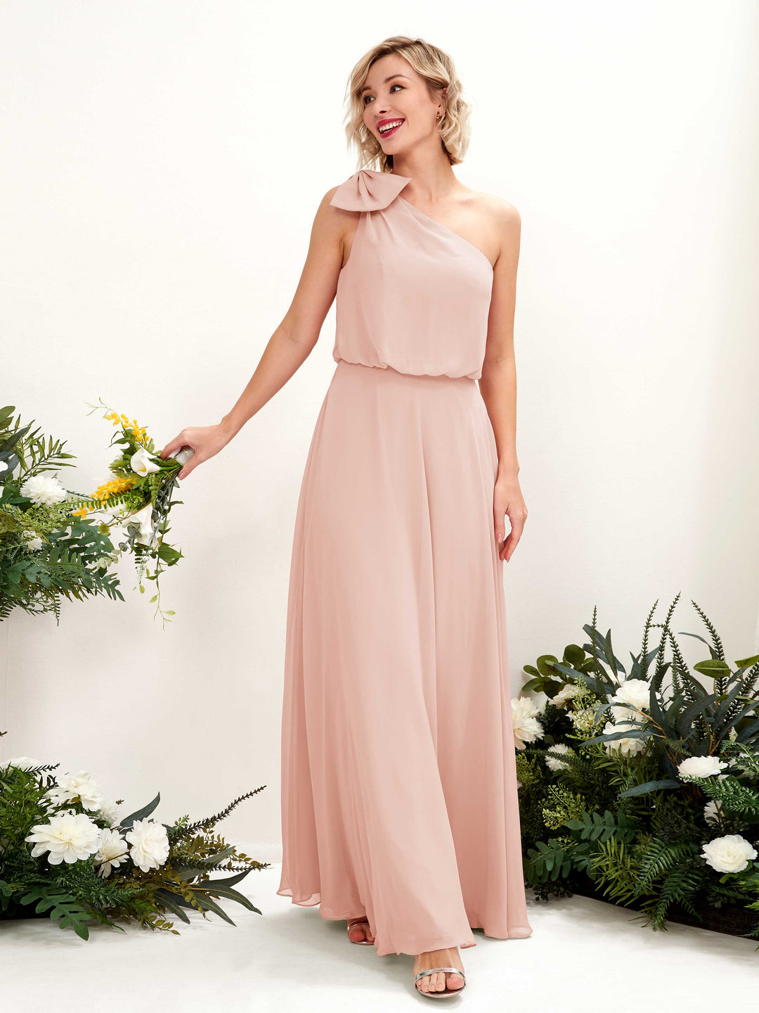 Carlyna A-Linien-Kleid One-Shoulder Bodenlang Brautjungfernkleid Perlrosa 