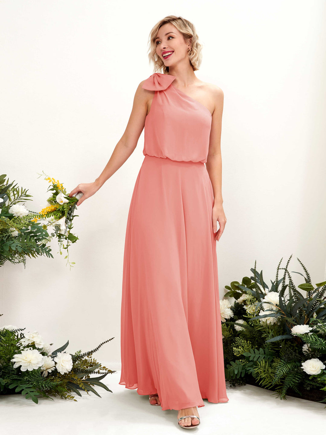 Carlyna A-Linien-Kleid One-Shoulder Bodenlang Brautjungfernkleid Pfirsichrosa 