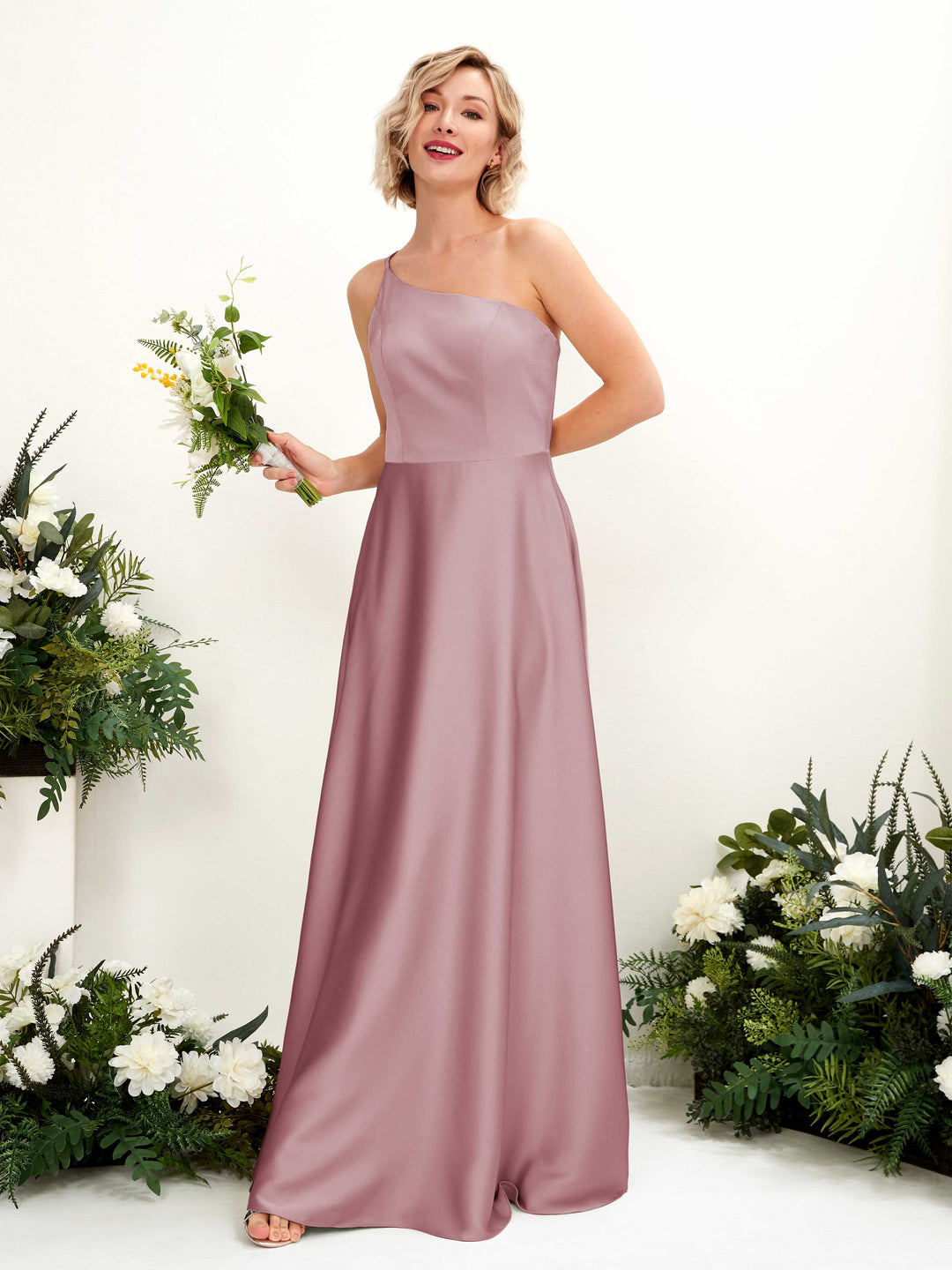 Carlyna A-Linien-Kleid One-Shoulder Bodenlang Brautjungfernkleid Rosenquarz 