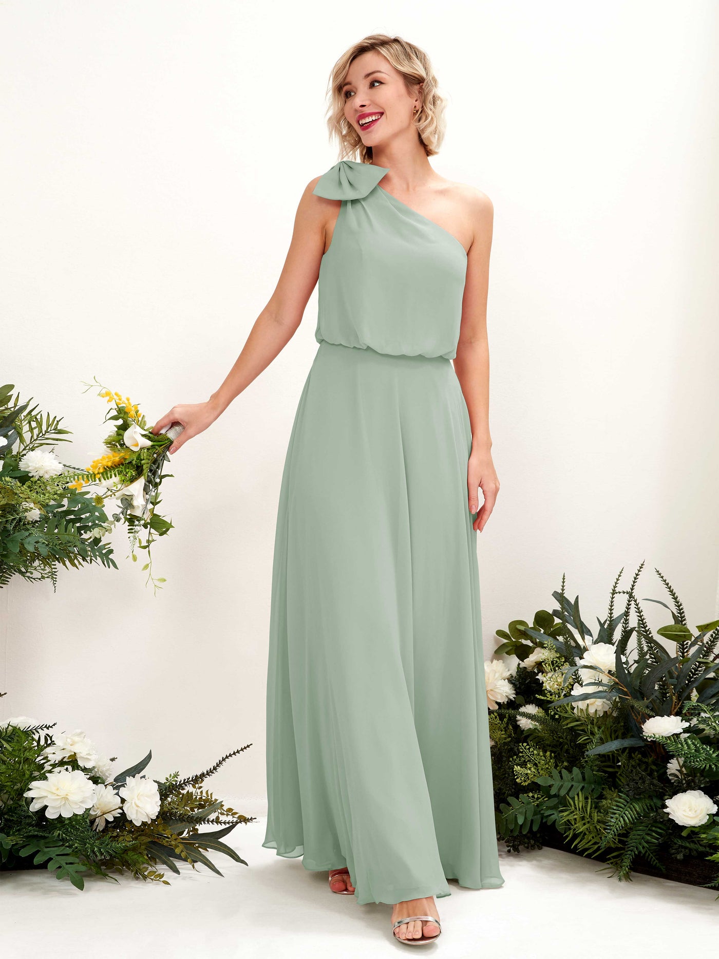 Carlyna A-Linien-Kleid One-Shoulder Bodenlang Brautjungfernkleid Salbeigrün #farbe_salbeigr-n