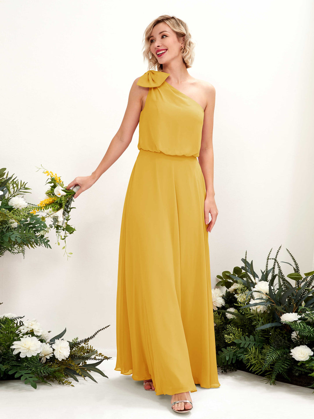 Carlyna A-Linien-Kleid One-Shoulder Bodenlang Brautjungfernkleid Senfgelb 