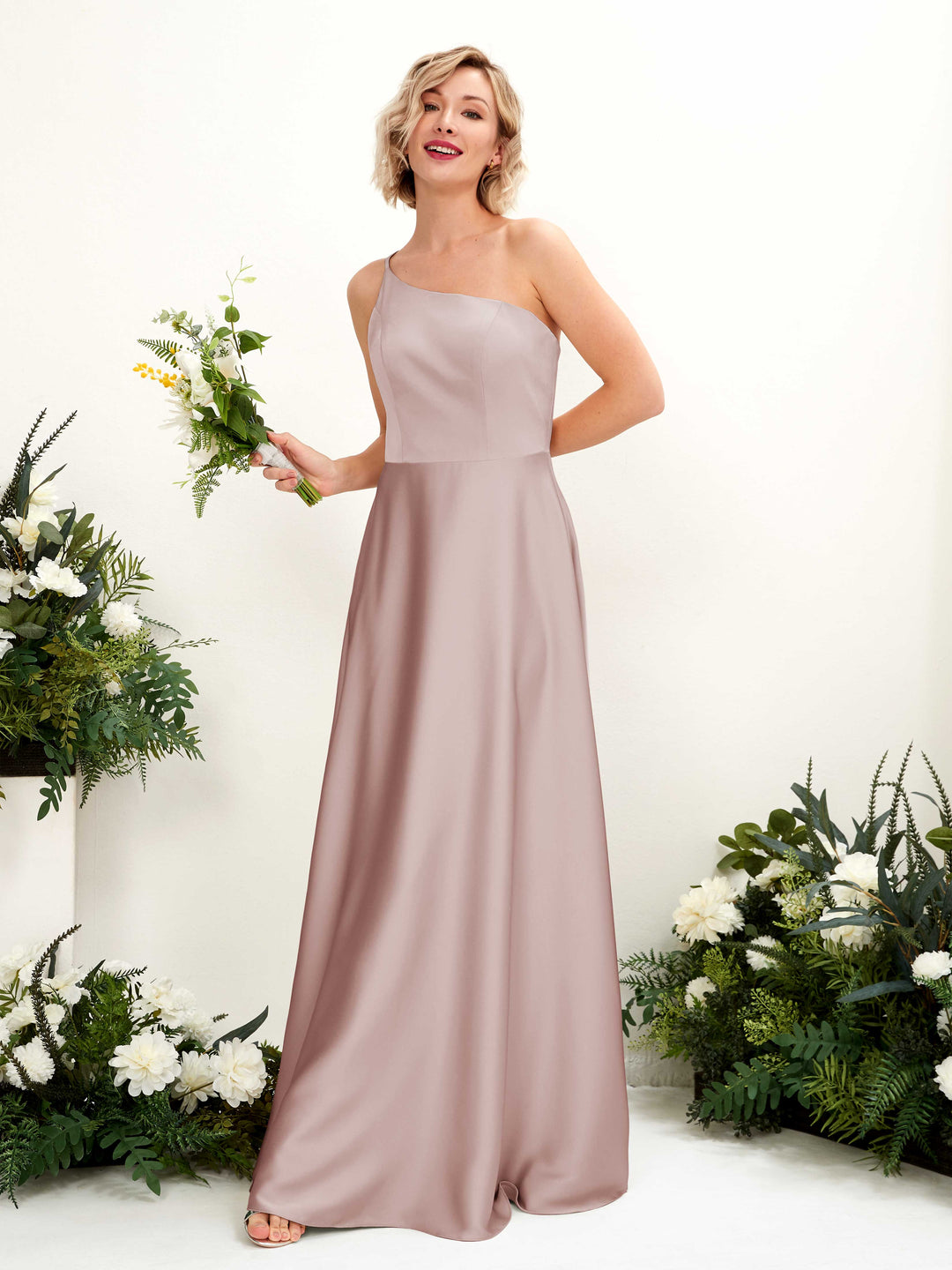 Carlyna A-Linien-Kleid One-Shoulder Bodenlang Brautjungfernkleid Staubige Rose 