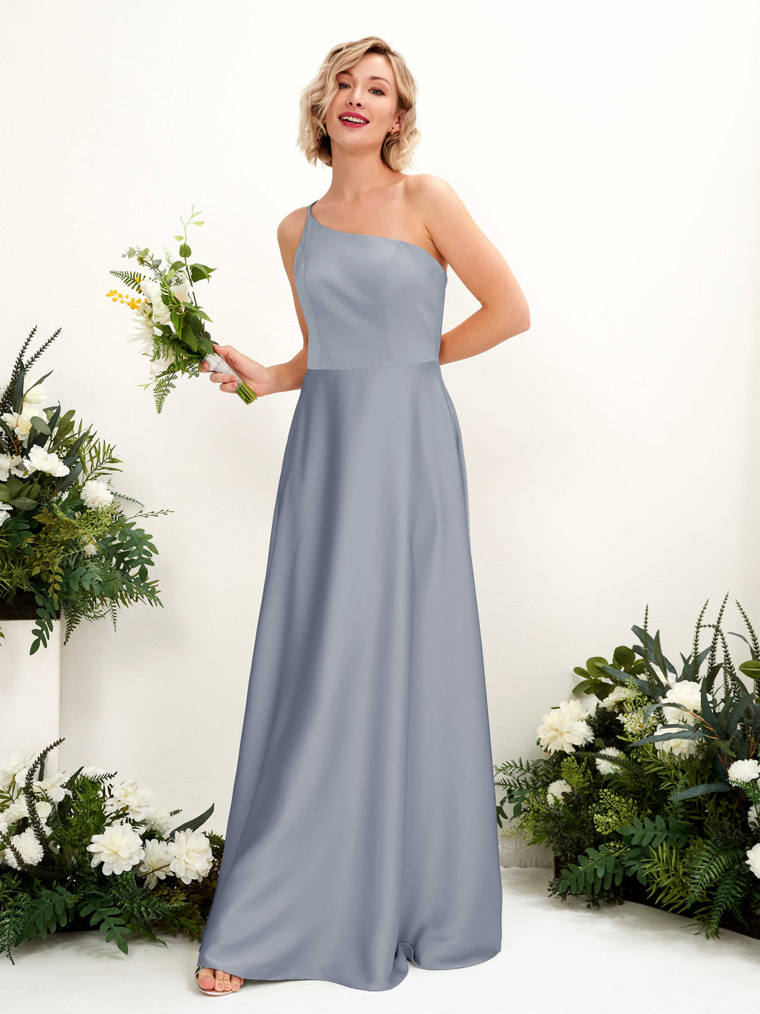 Carlyna A-Linien-Kleid One-Shoulder Bodenlang Brautjungfernkleid Staubiges Blau 