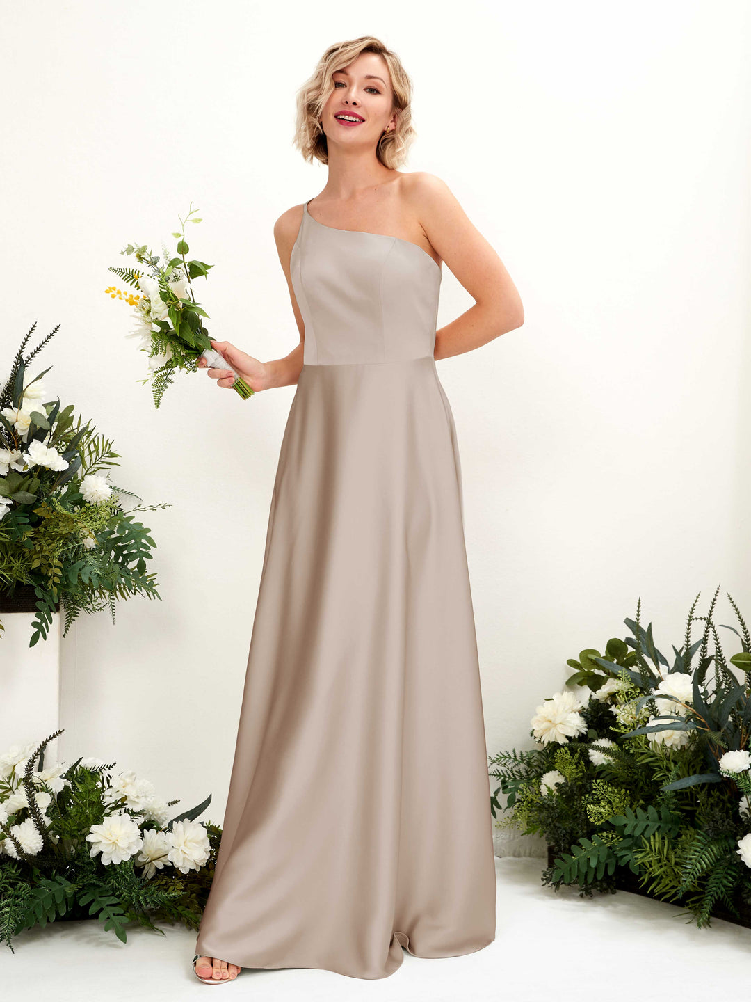 Carlyna A-Linien-Kleid One-Shoulder Bodenlang Brautjungfernkleid Taupe 