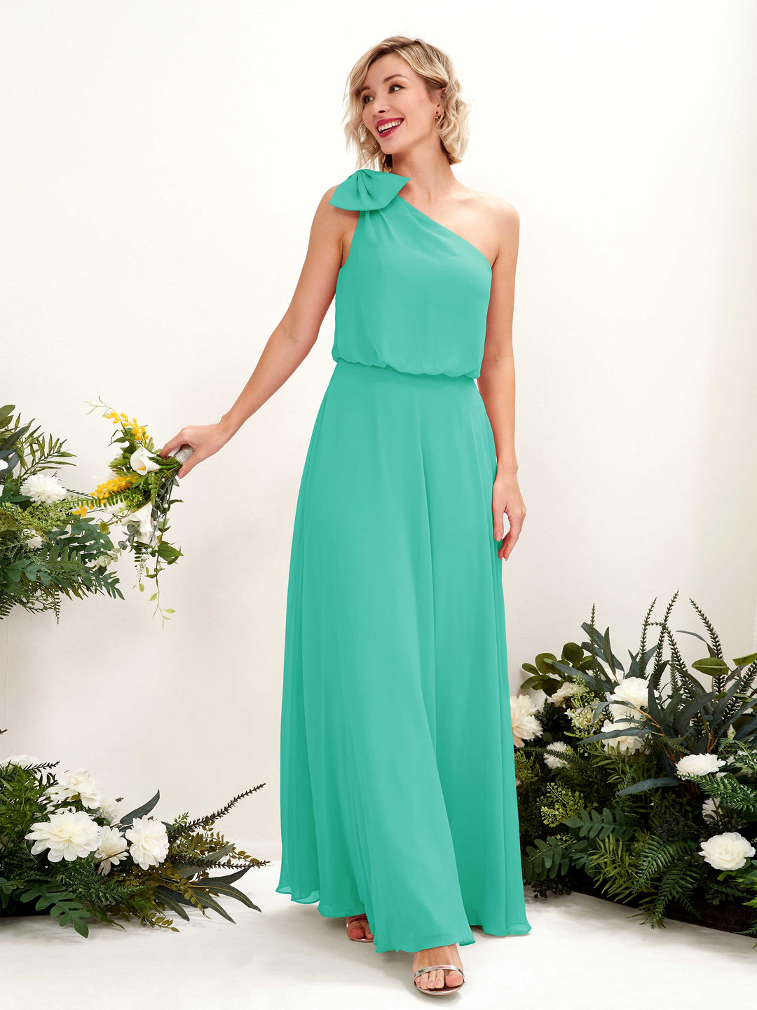 Carlyna A-Linien-Kleid One-Shoulder Bodenlang Brautjungfernkleid Tiffany-Blau 