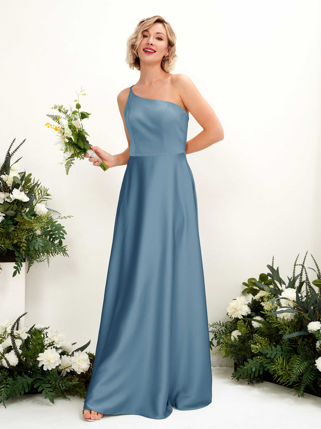 Carlyna A-Linien-Kleid One-Shoulder Bodenlang Brautjungfernkleid Tinte Blau 