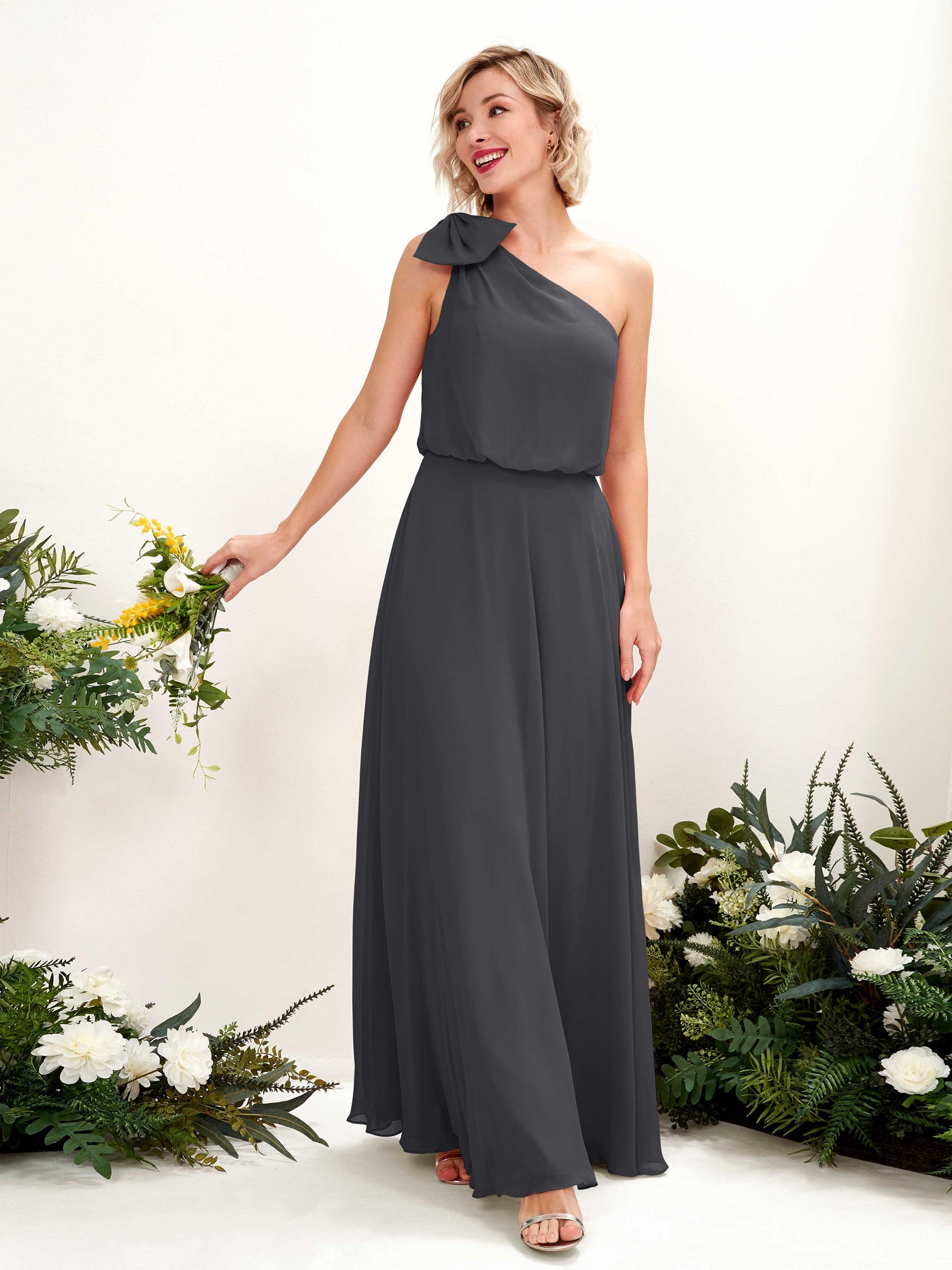 Carlyna A-Linien-Kleid One-Shoulder Bodenlang Brautjungfernkleid Zinnfarben #farbe_zinnfarben