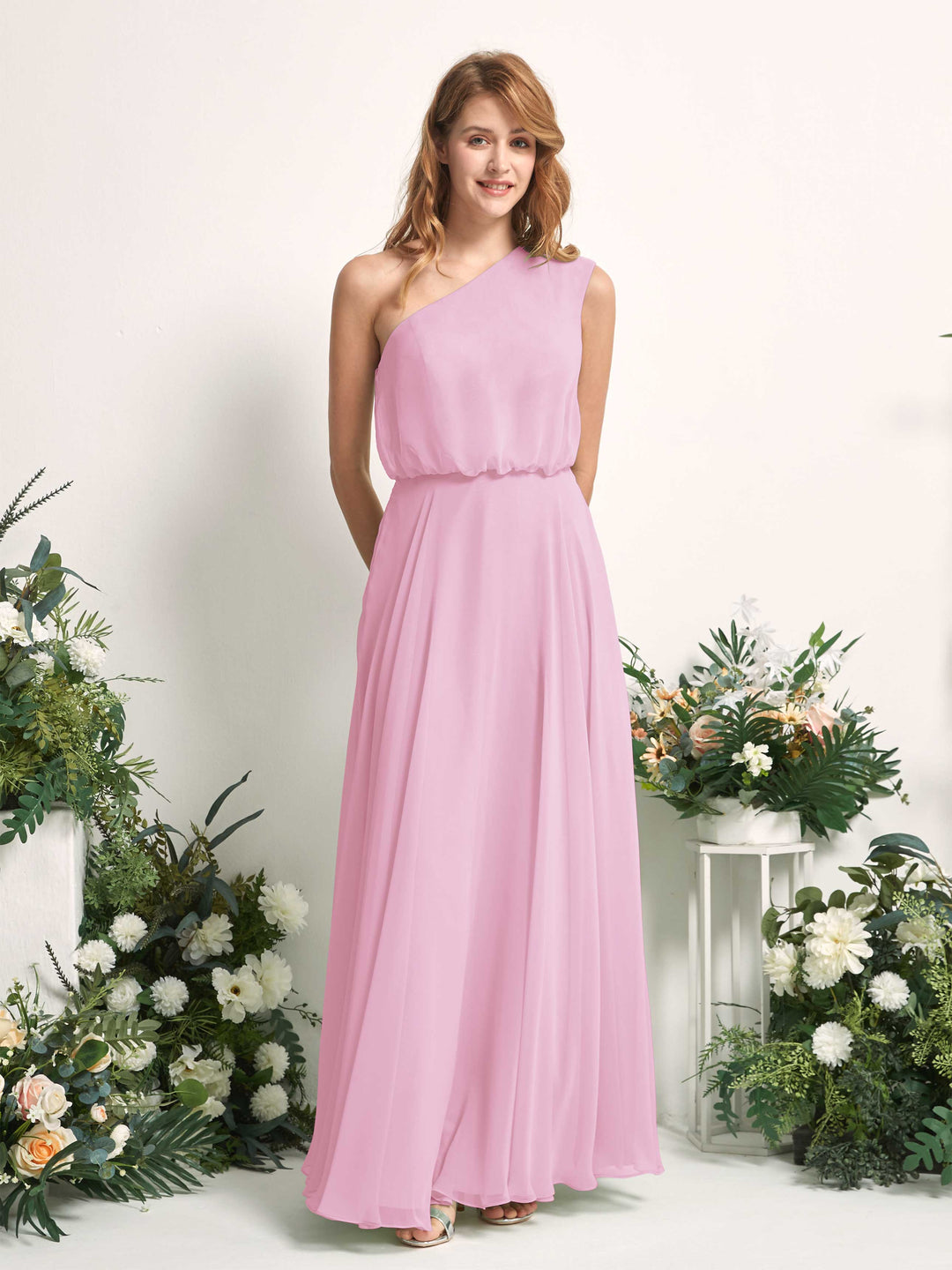 Carlyna A-Linien-Kleid One-Shoulder Bodenlang Brautjungfernkleider Bonbonrosa 