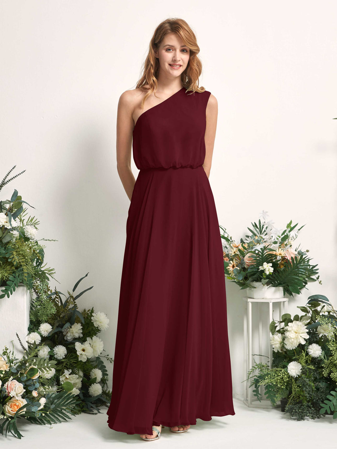 Carlyna A-Linien-Kleid One-Shoulder Bodenlang Brautjungfernkleider Burgunderrot 