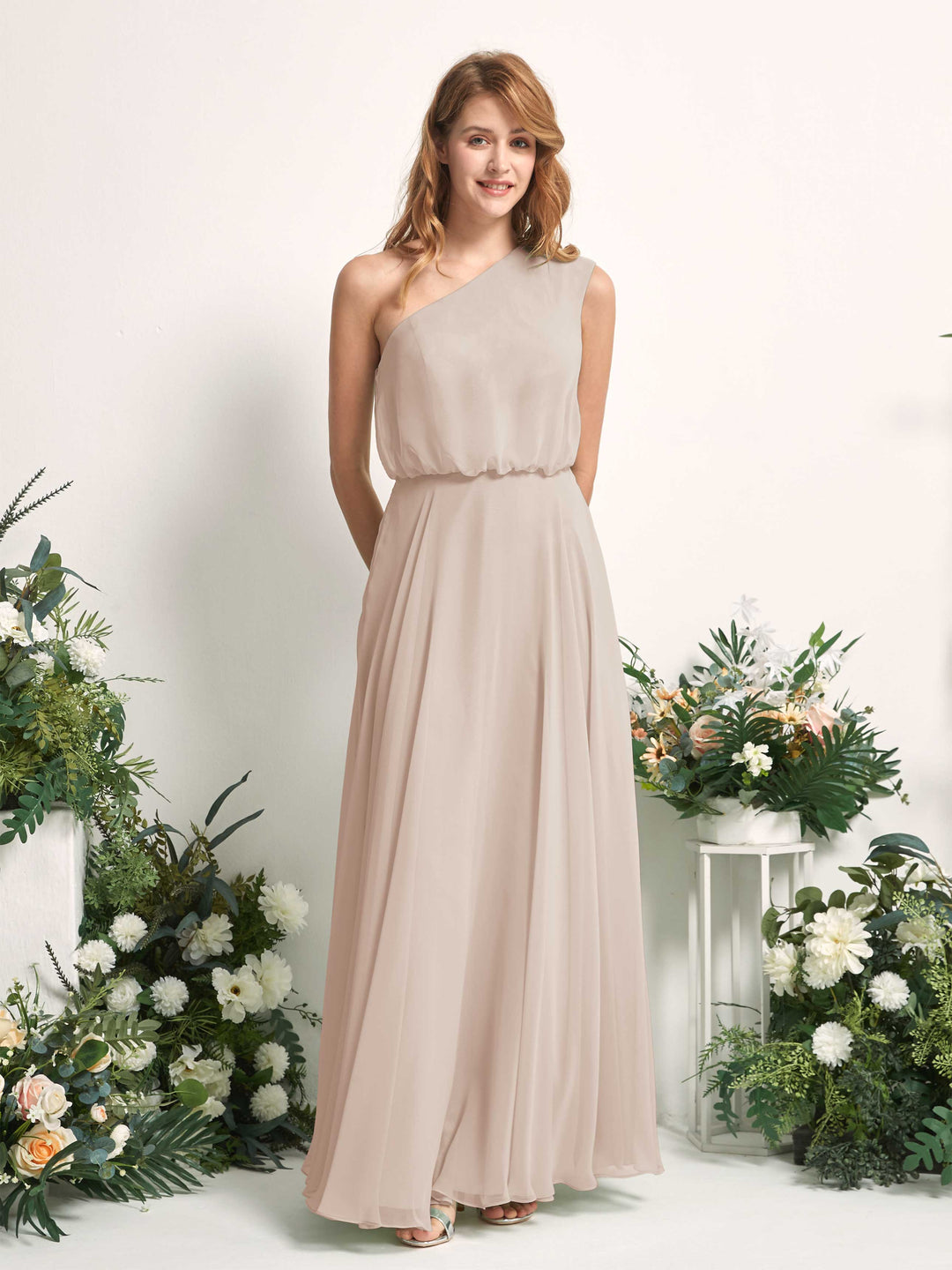Carlyna A-Linien-Kleid One-Shoulder Bodenlang Brautjungfernkleider Champagner 