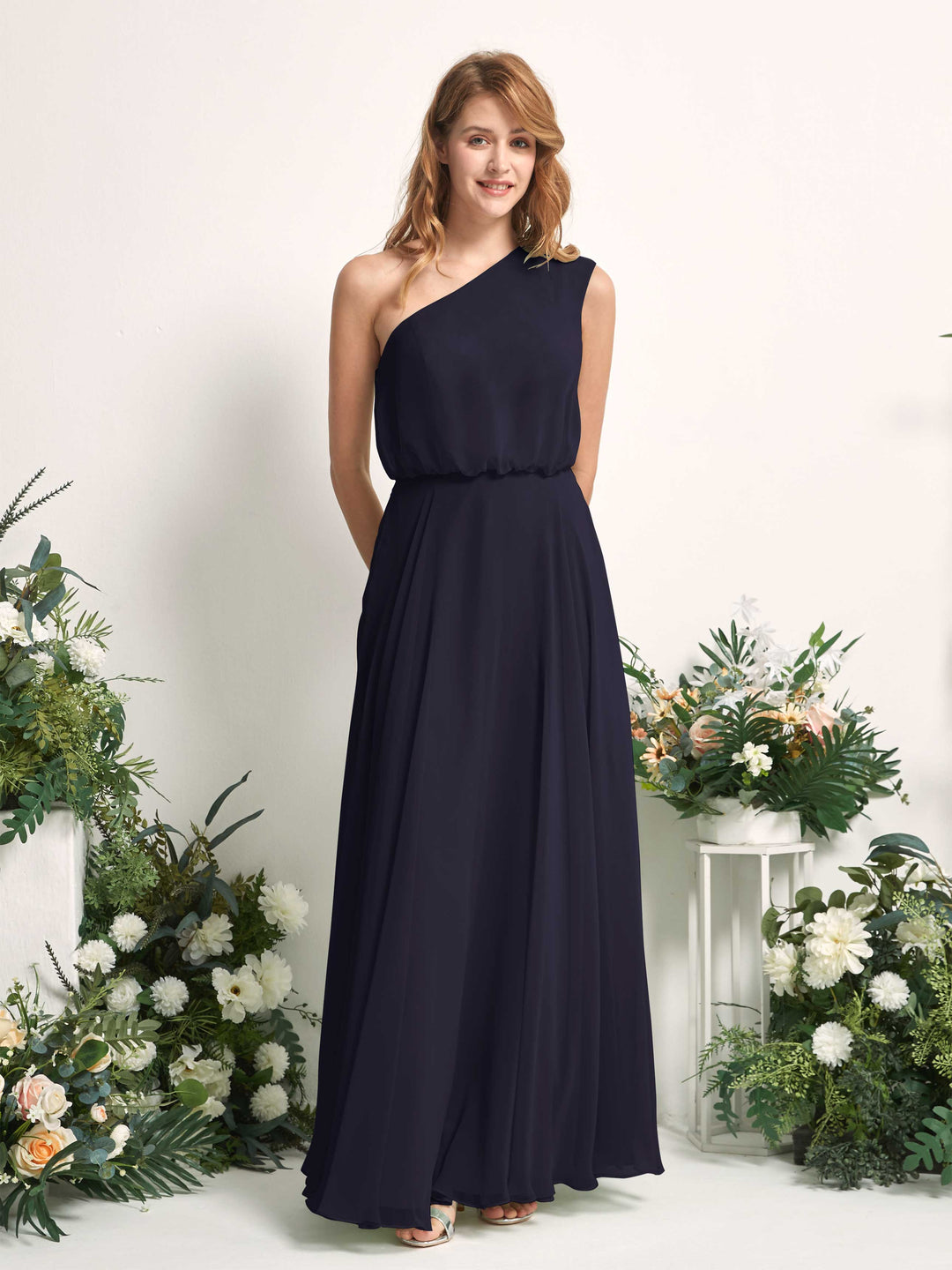 Carlyna A-Linien-Kleid One-Shoulder Bodenlang Brautjungfernkleider Dunkel Marineblau 
