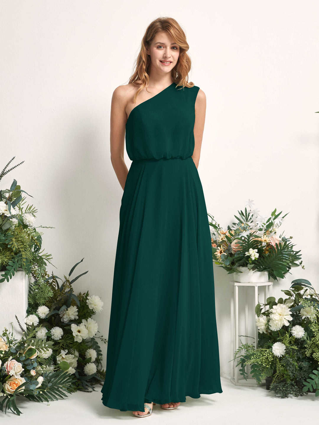 Carlyna A-Linien-Kleid One-Shoulder Bodenlang Brautjungfernkleider Dunkelsmaragd 