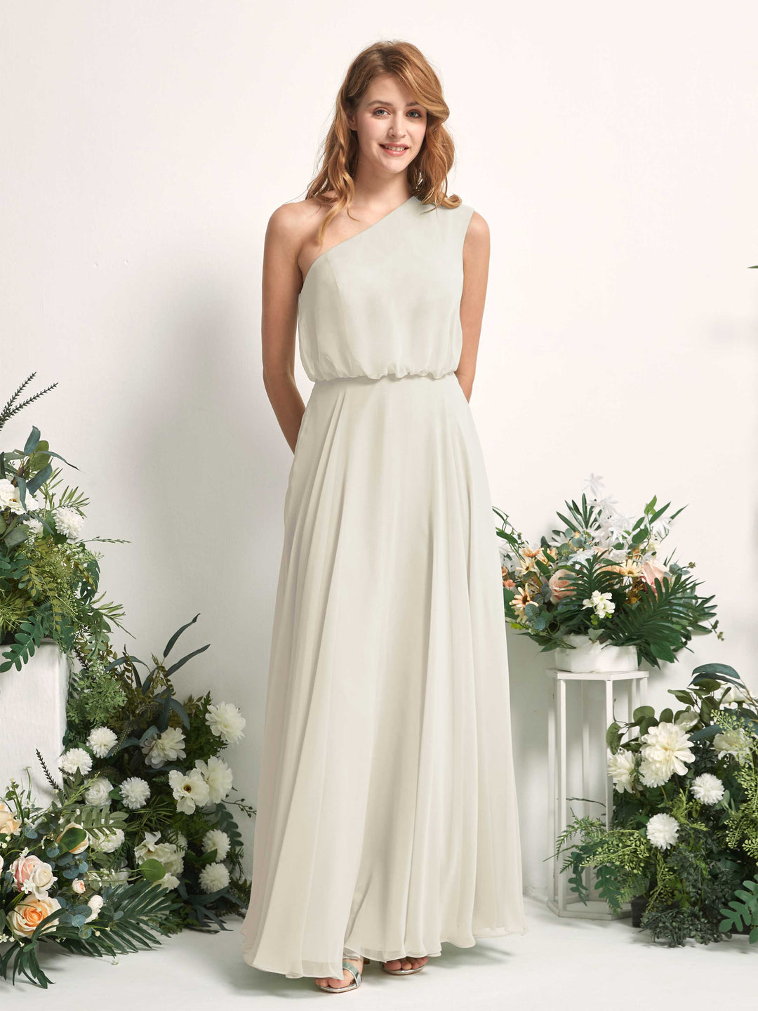 Carlyna A-Linien-Kleid One-Shoulder Bodenlang Brautjungfernkleider Elfenbein 