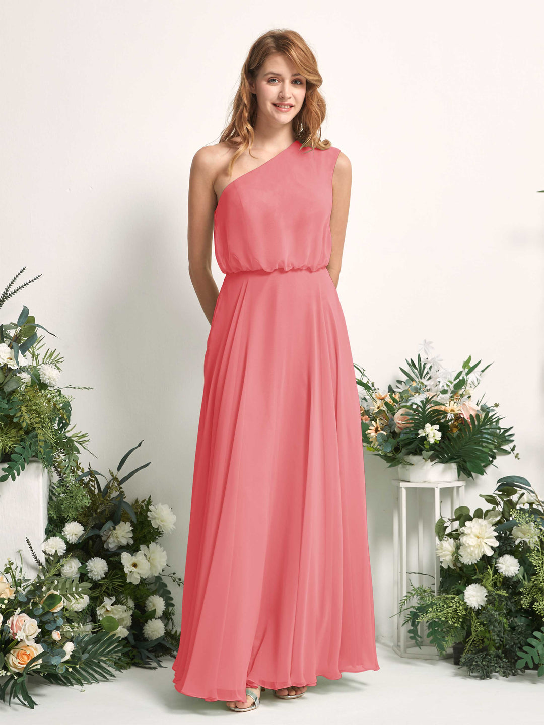 Carlyna A-Linien-Kleid One-Shoulder Bodenlang Brautjungfernkleider Korallenrosa 