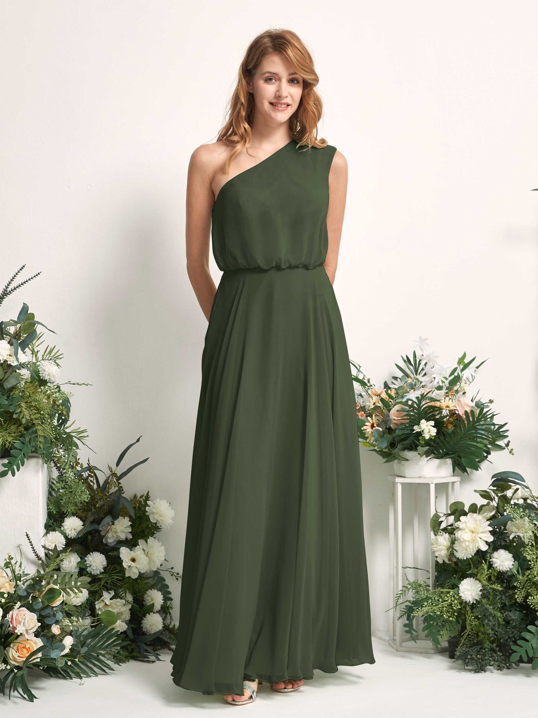 Carlyna A-Linien-Kleid One-Shoulder Bodenlang Brautjungfernkleider Martini-Olive 