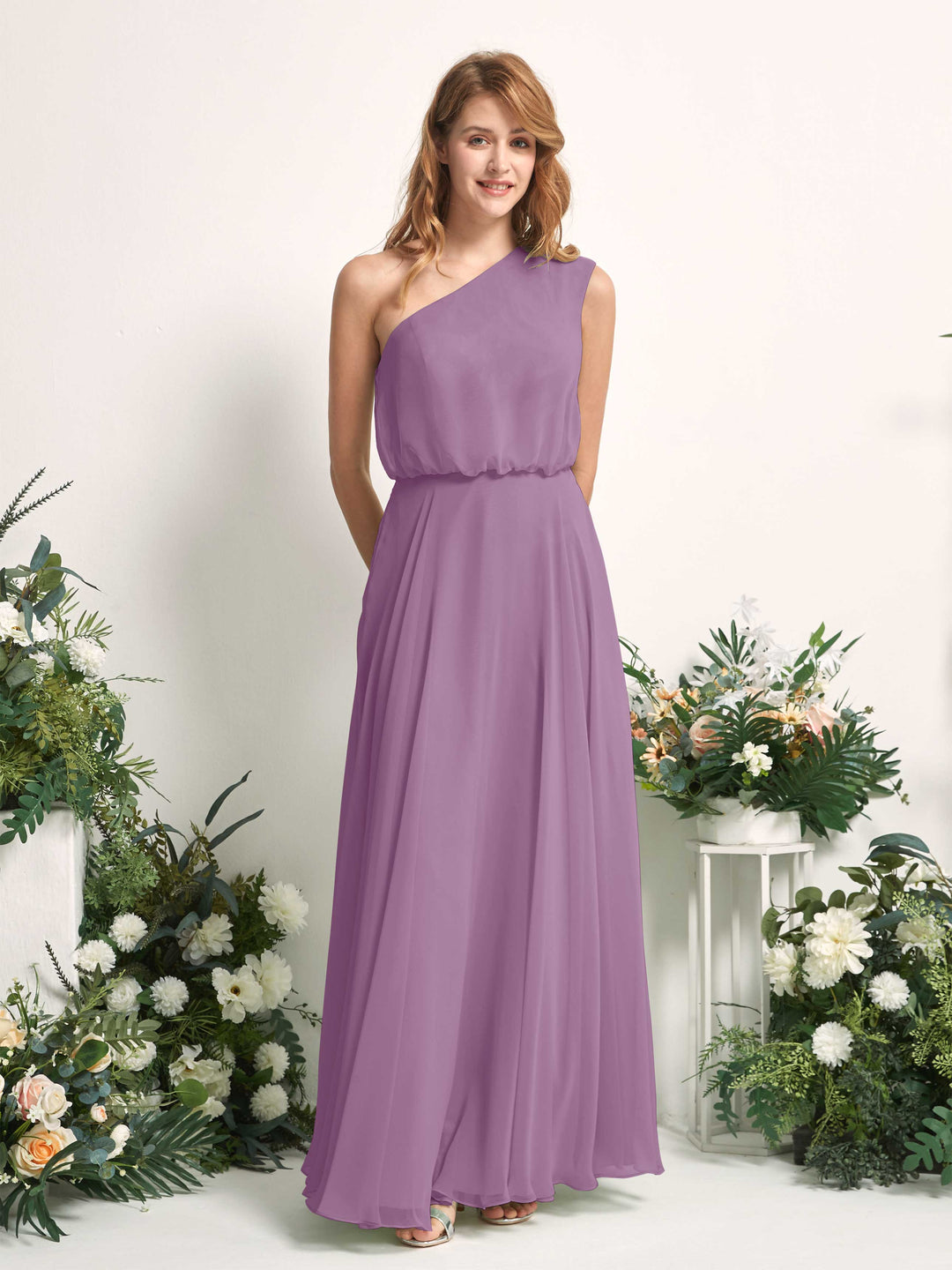 Carlyna A-Linien-Kleid One-Shoulder Bodenlang Brautjungfernkleider Orchideen-Nebel 