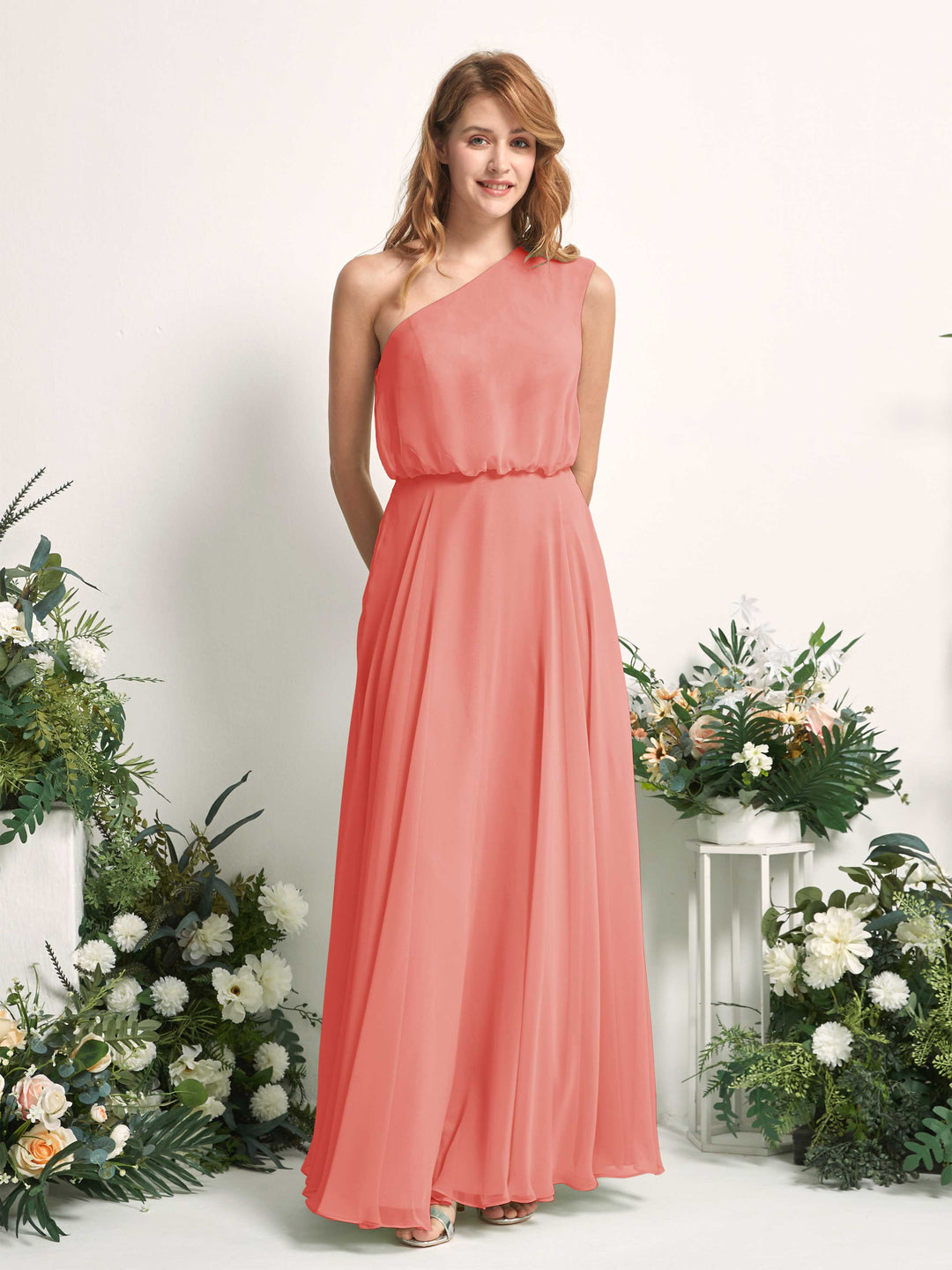 Carlyna A-Linien-Kleid One-Shoulder Bodenlang Brautjungfernkleider Pfirsichrosa 