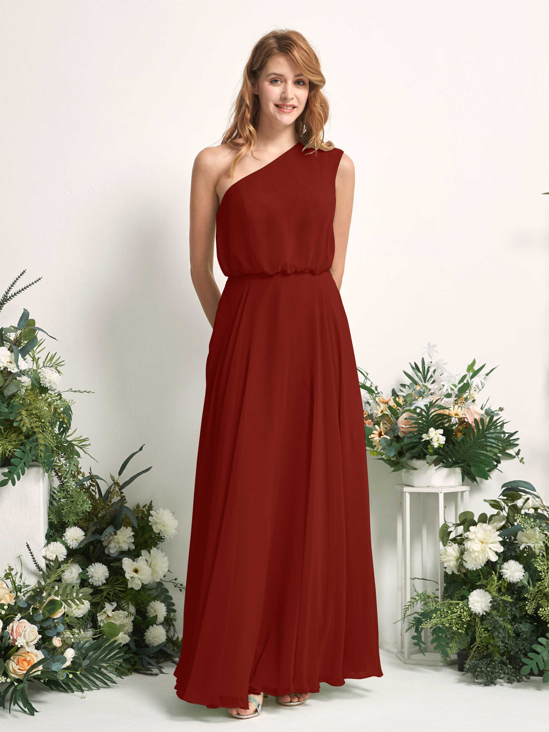 Carlyna A-Linien-Kleid One-Shoulder Bodenlang Brautjungfernkleider Rostrot 