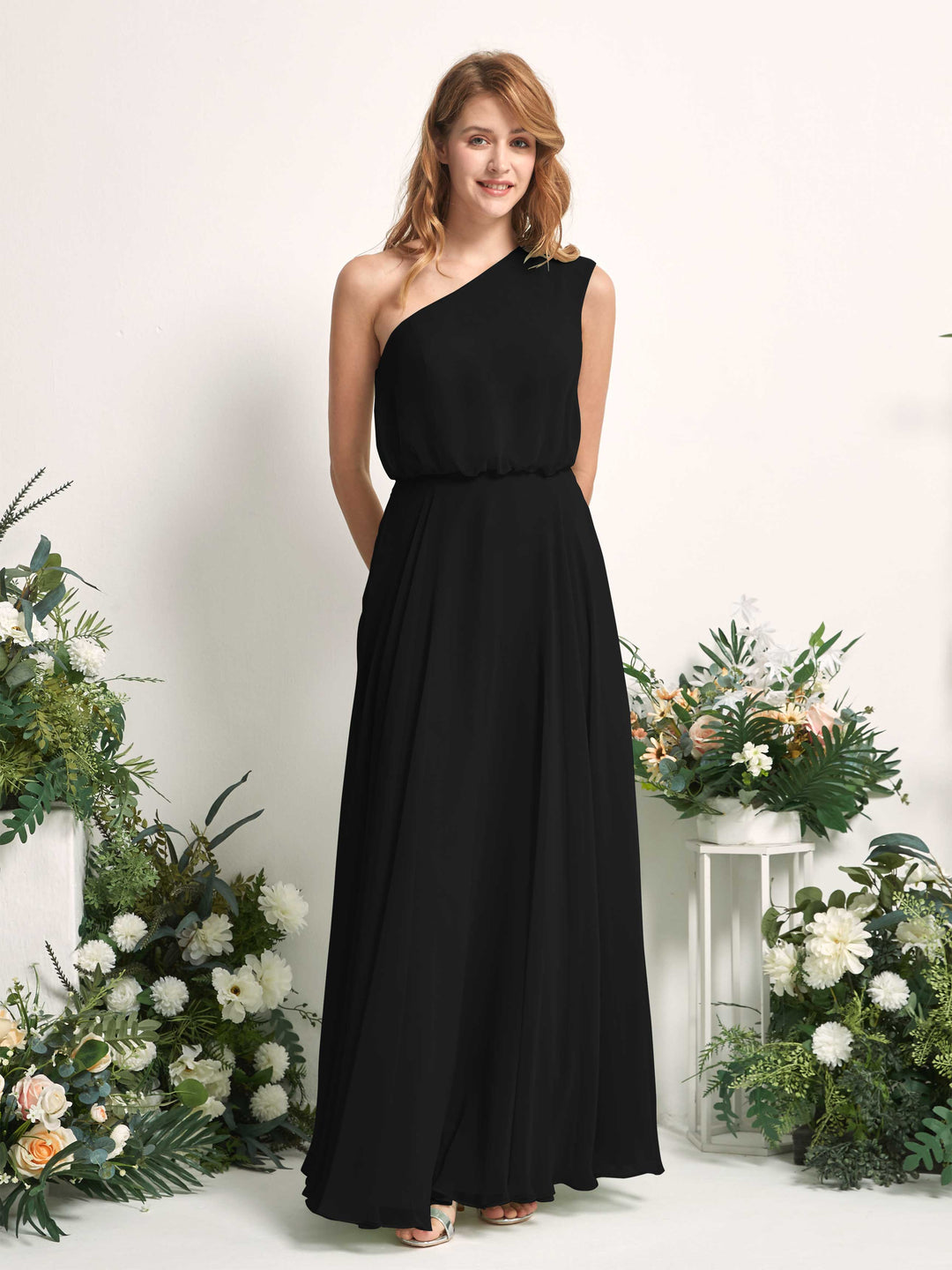 Carlyna A-Linien-Kleid One-Shoulder Bodenlang Brautjungfernkleider Schwarz 