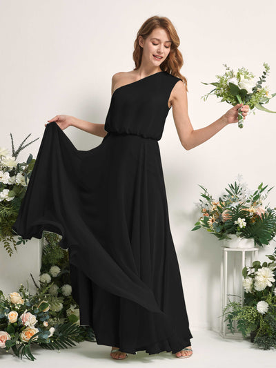 Carlyna A-Linien-Kleid One-Shoulder Bodenlang Brautjungfernkleider Schwarz #farbe_schwarz