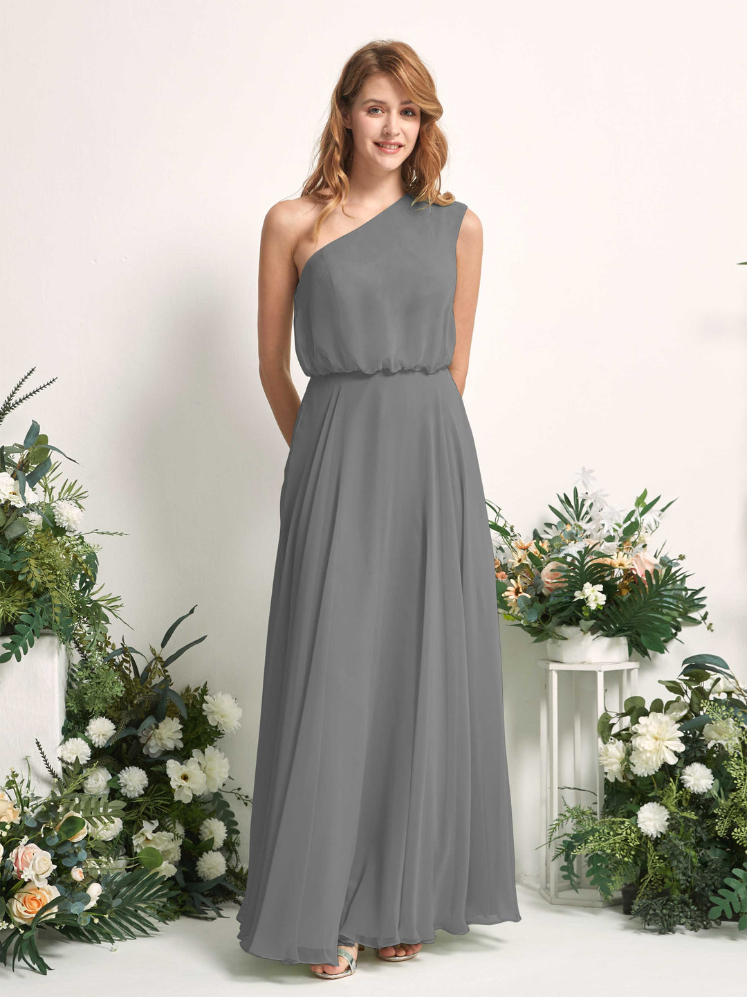 Carlyna A-Linien-Kleid One-Shoulder Bodenlang Brautjungfernkleider Stahlgrau 