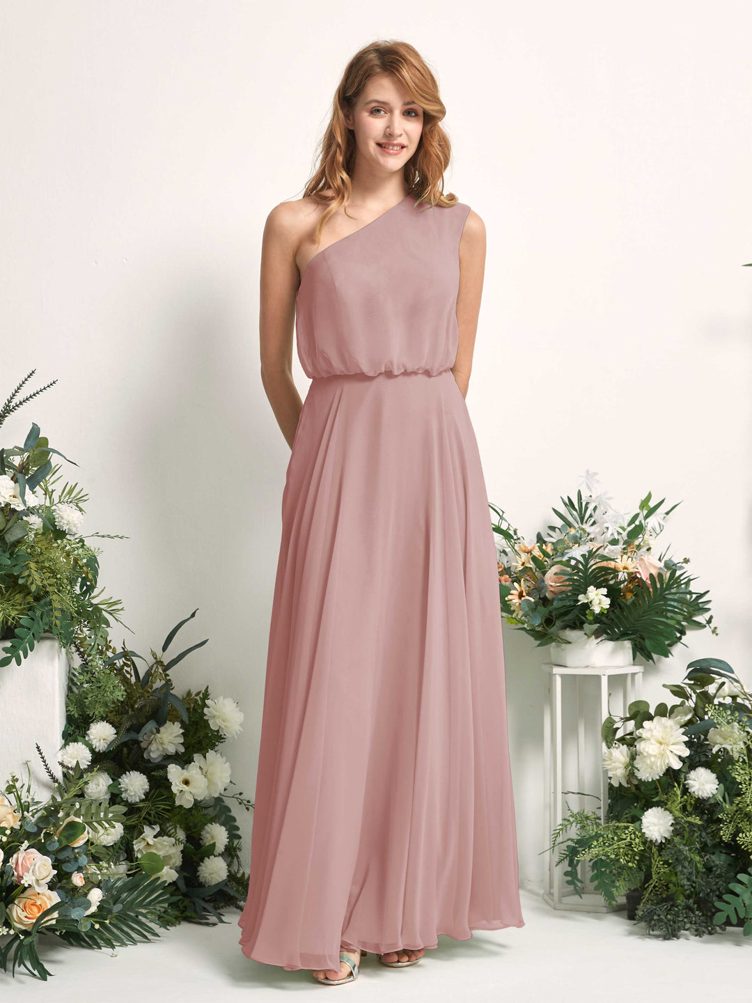 Carlyna A-Linien-Kleid One-Shoulder Bodenlang Brautjungfernkleider Staubige Rose 