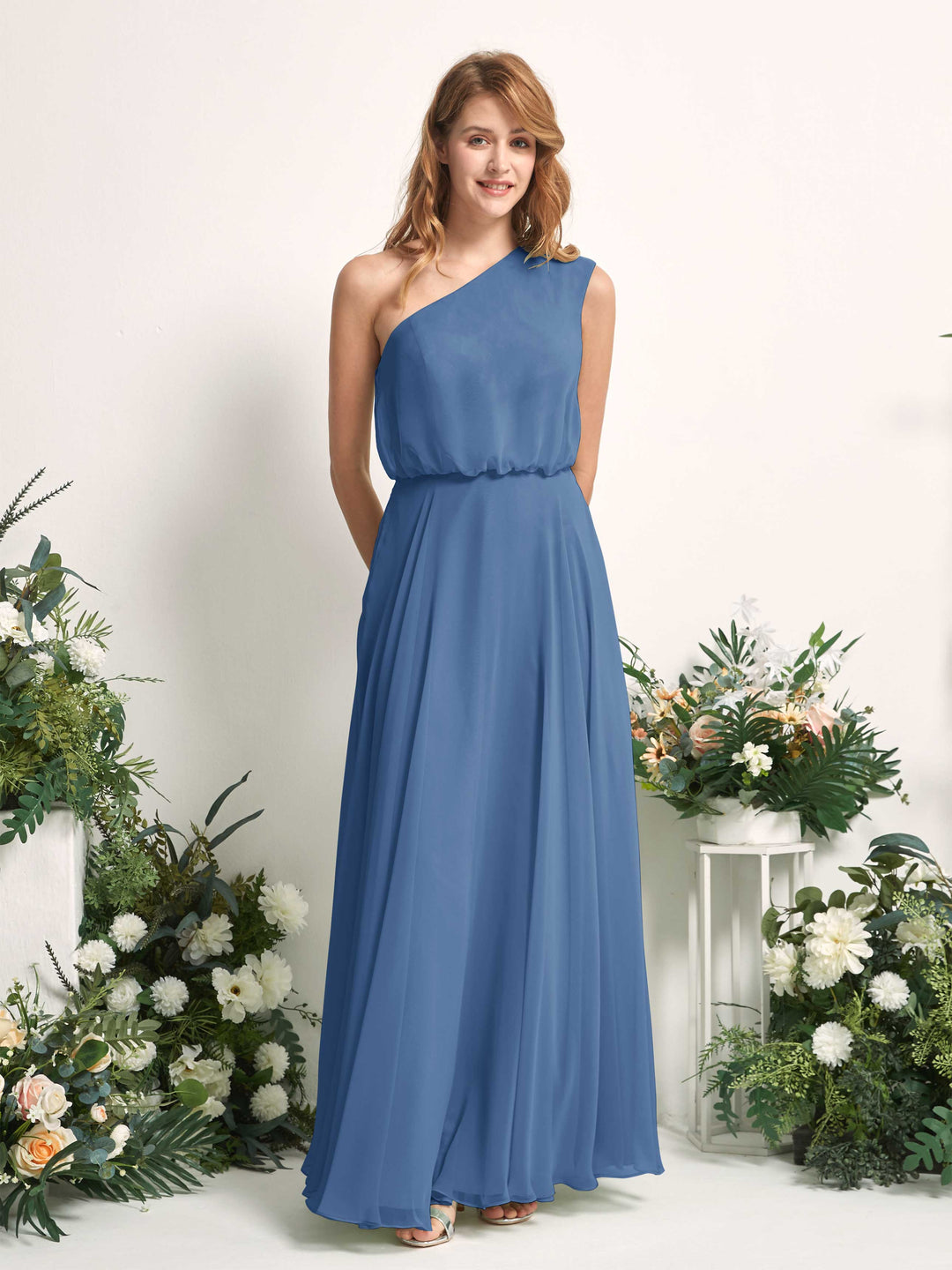 Carlyna A-Linien-Kleid One-Shoulder Bodenlang Brautjungfernkleider Staubiges Blau 