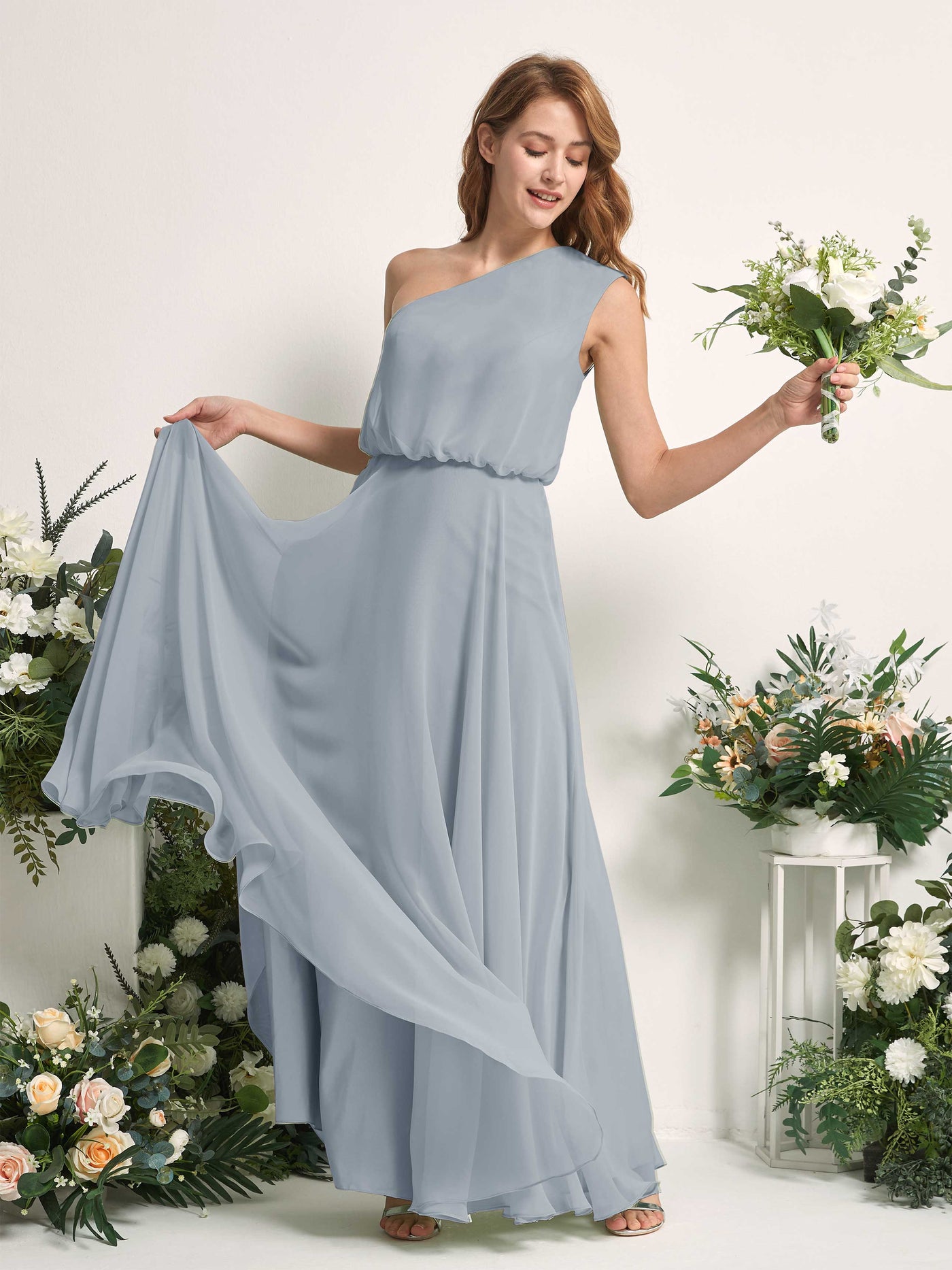 Carlyna A-Linien-Kleid One-Shoulder Bodenlang Brautjungfernkleider Staubiges Blau-Upgrade #farbe_staubiges-blau-upgrade