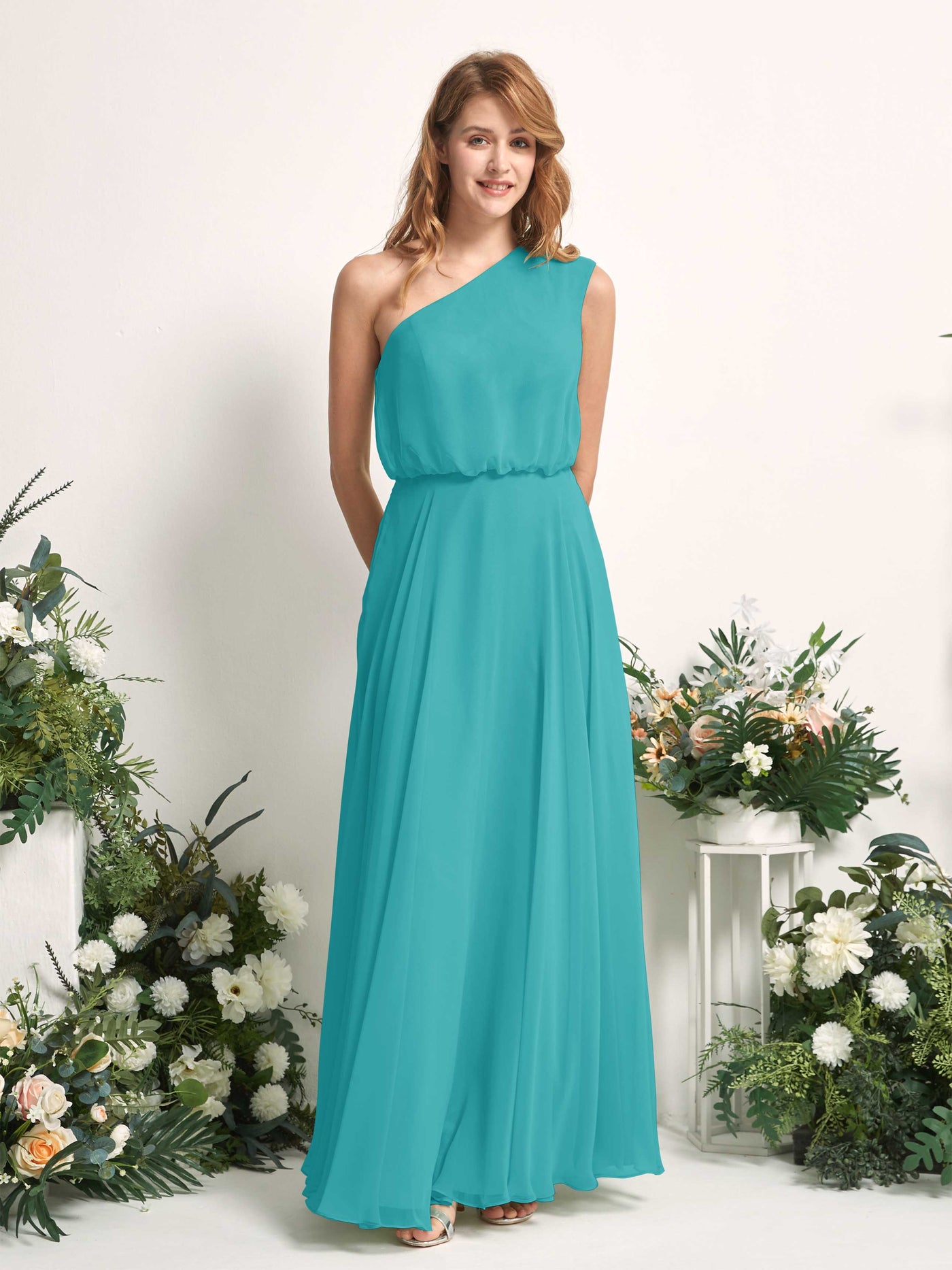 Carlyna A-Linien-Kleid One-Shoulder Bodenlang Brautjungfernkleider Türkis #farbe_t-rkis