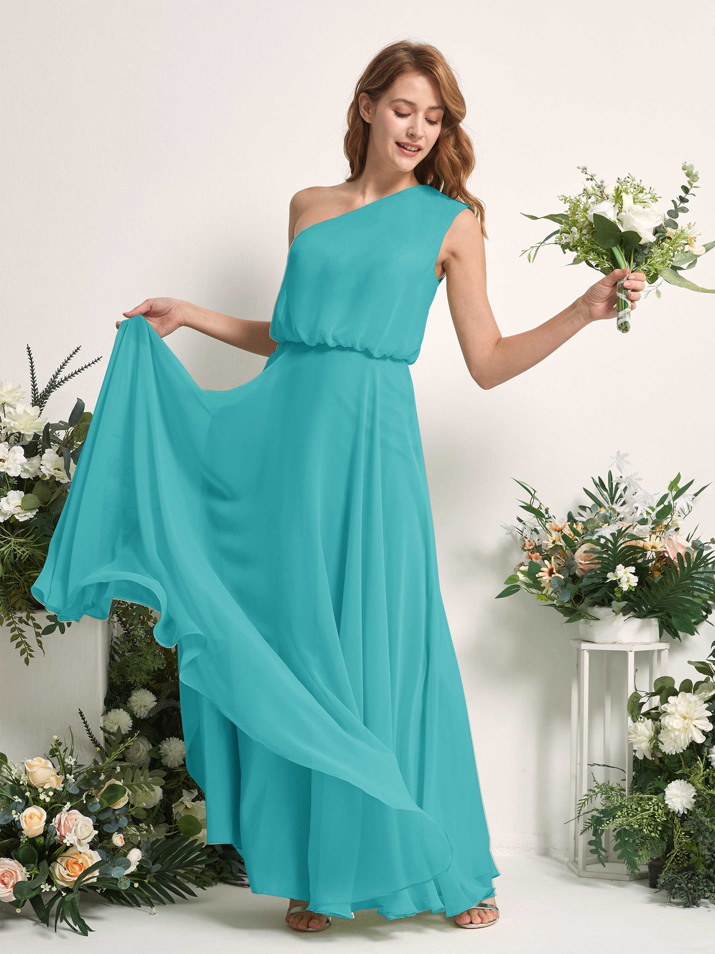 Carlyna A-Linien-Kleid One-Shoulder Bodenlang Brautjungfernkleider Türkis #farbe_t-rkis