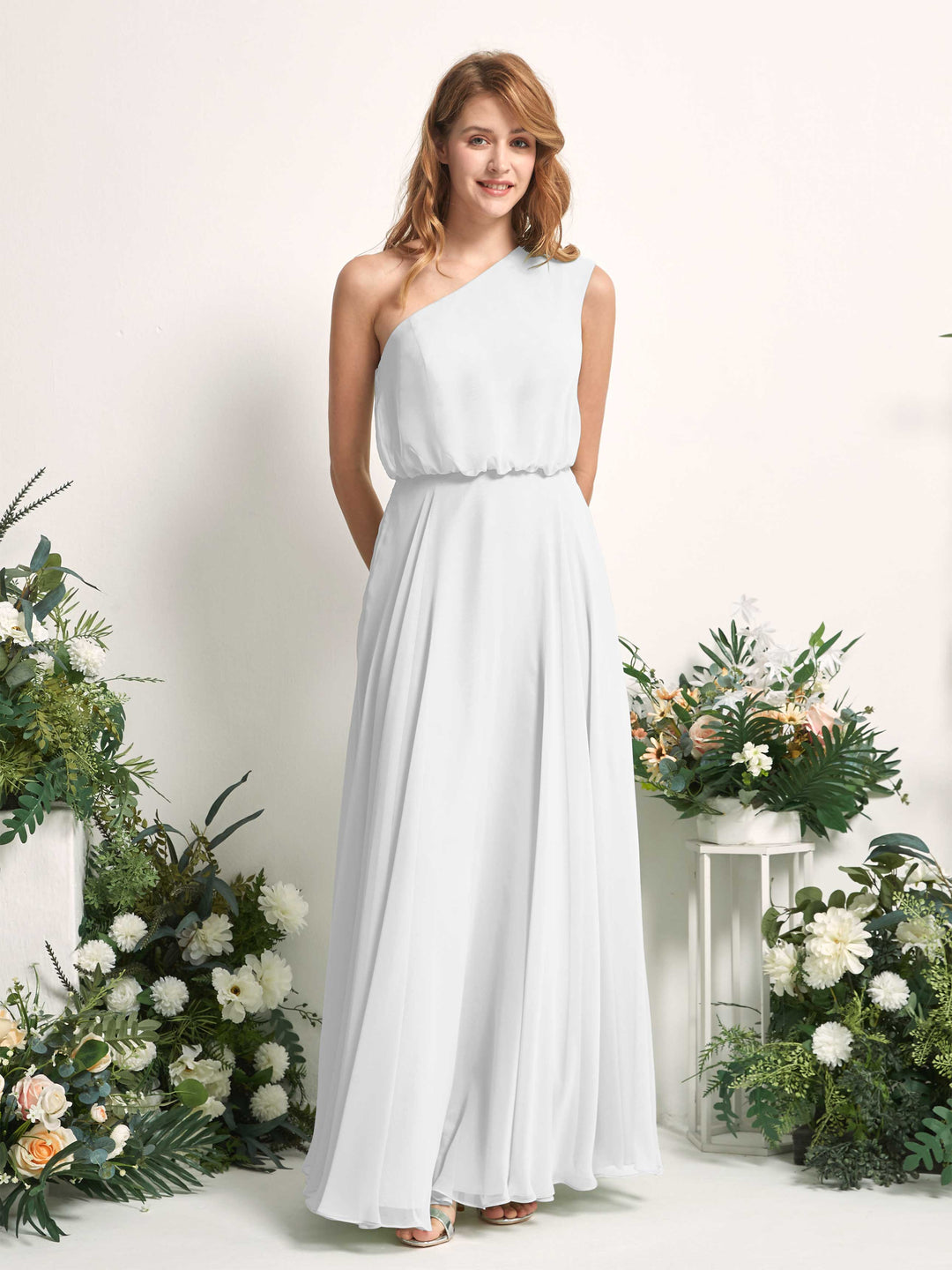 Carlyna A-Linien-Kleid One-Shoulder Bodenlang Brautjungfernkleider Weiß 