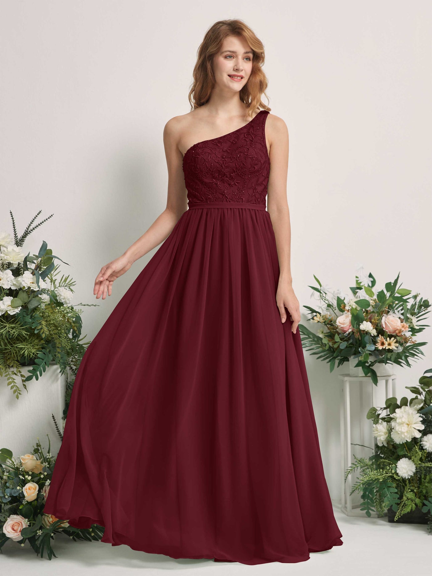 Carlyna A-Linien-Kleid One-Shoulder Bodenlang Chiffon Brautjungfernkleid Burgunderrot #farbe_burgunderrot