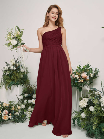 Carlyna A-Linien-Kleid One-Shoulder Bodenlang Chiffon Brautjungfernkleid Burgunderrot #farbe_burgunderrot