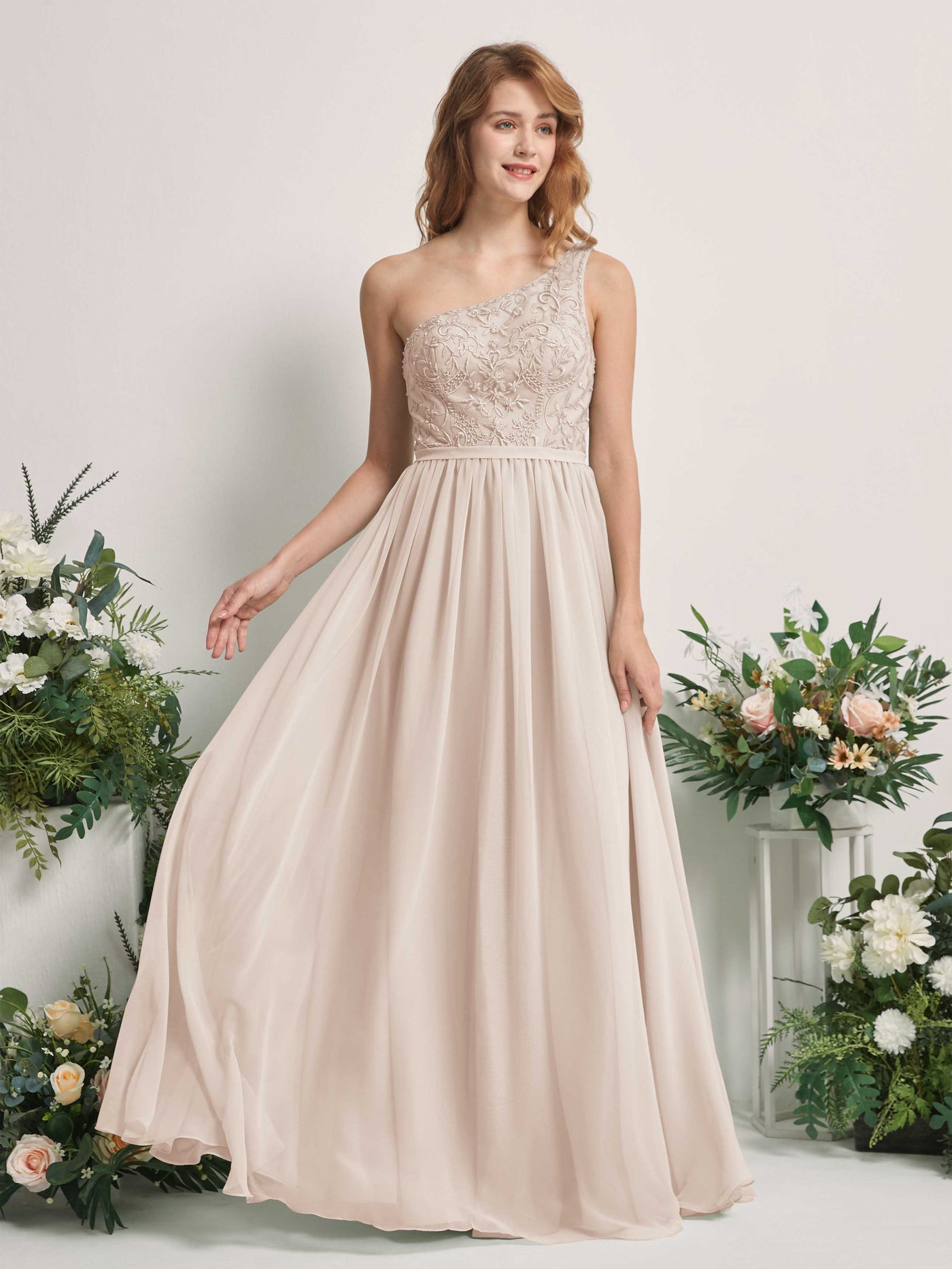 Carlyna A-Linien-Kleid One-Shoulder Bodenlang Chiffon Brautjungfernkleid Champagner #farbe_champagner
