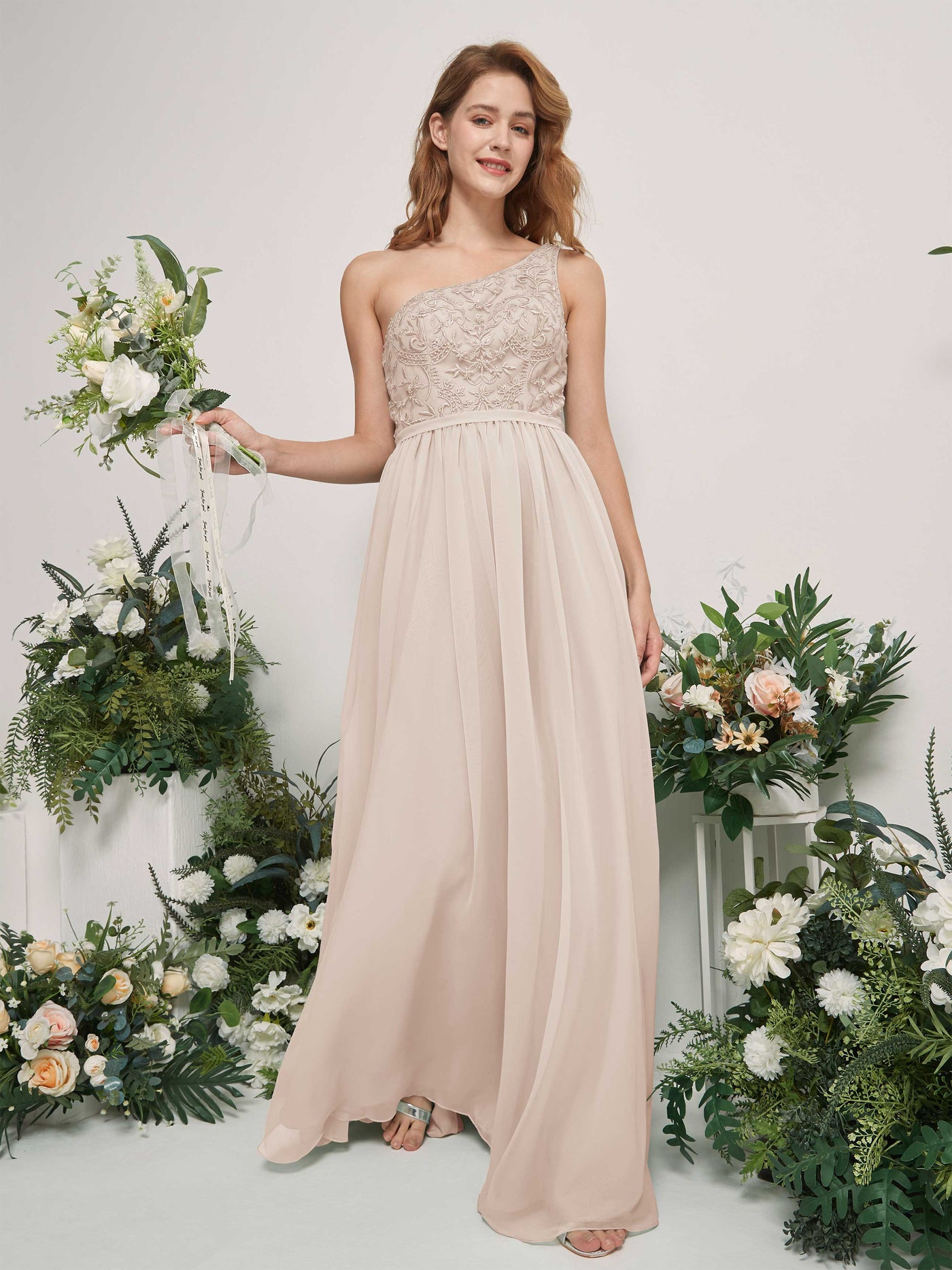 Carlyna A-Linien-Kleid One-Shoulder Bodenlang Chiffon Brautjungfernkleid Champagner #farbe_champagner