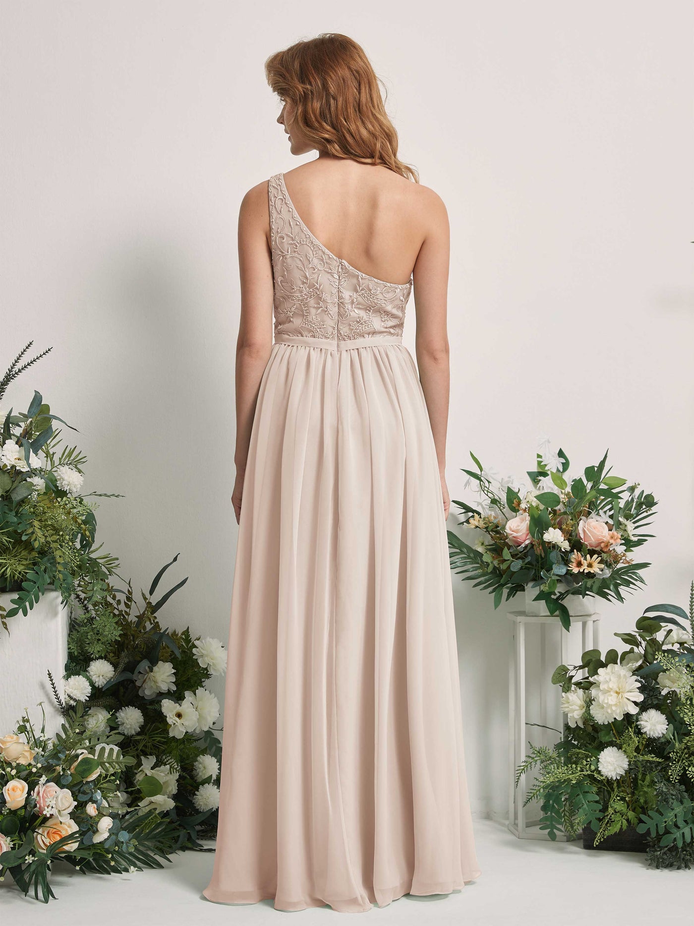 Carlyna A-Linien-Kleid One-Shoulder Bodenlang Chiffon Brautjungfernkleid Champagner #farbe_champagner