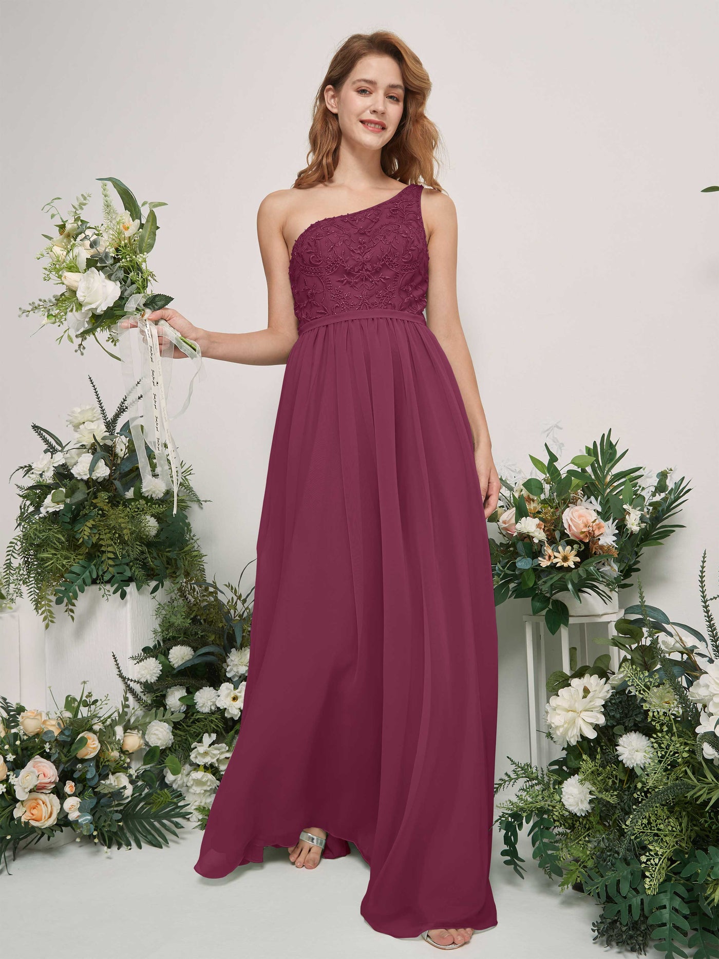 Carlyna A-Linien-Kleid One-Shoulder Bodenlang Chiffon Brautjungfernkleid Chianti #farbe_chianti
