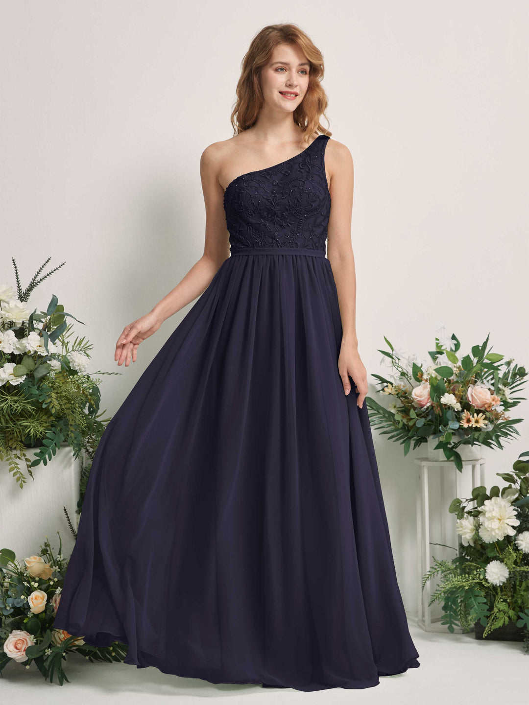 Carlyna A-Linien-Kleid One-Shoulder Bodenlang Chiffon Brautjungfernkleid Dunkel Marineblau 