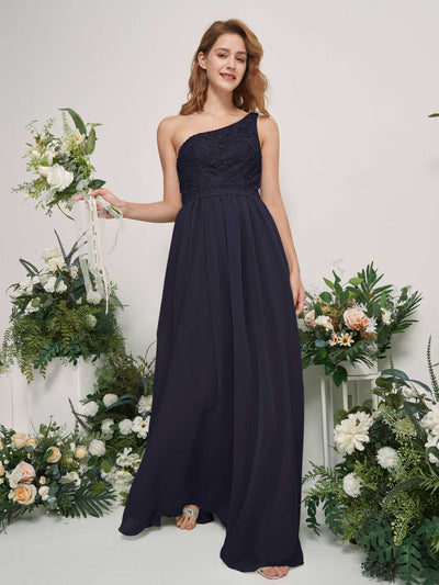 Carlyna A-Linien-Kleid One-Shoulder Bodenlang Chiffon Brautjungfernkleid Dunkel Marineblau #farbe_dunkel-marineblau