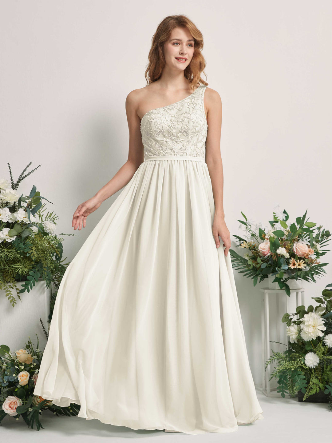 Carlyna A-Linien-Kleid One-Shoulder Bodenlang Chiffon Brautjungfernkleid Elfenbein 