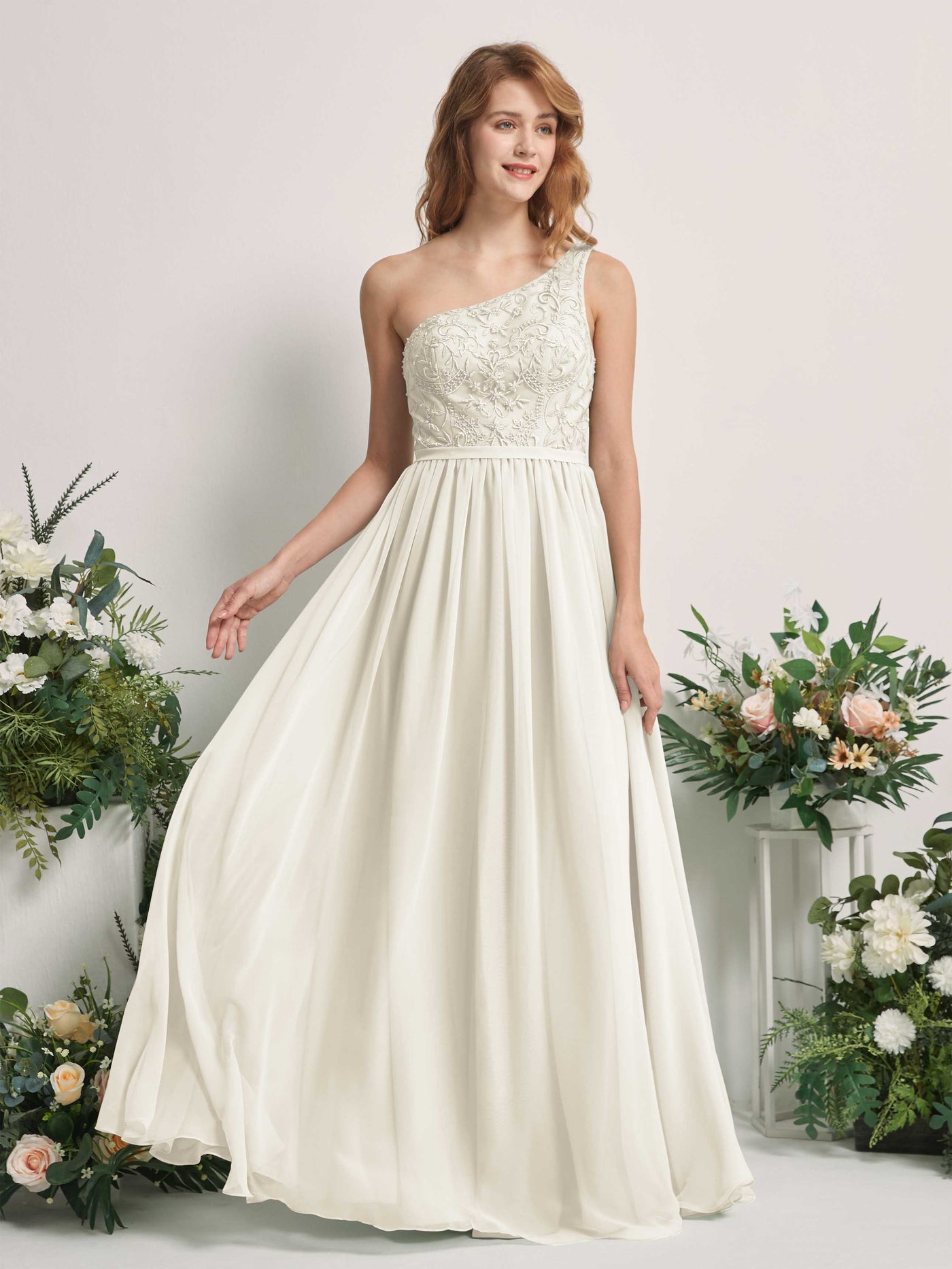 Carlyna A-Linien-Kleid One-Shoulder Bodenlang Chiffon Brautjungfernkleid Elfenbein #farbe_elfenbein