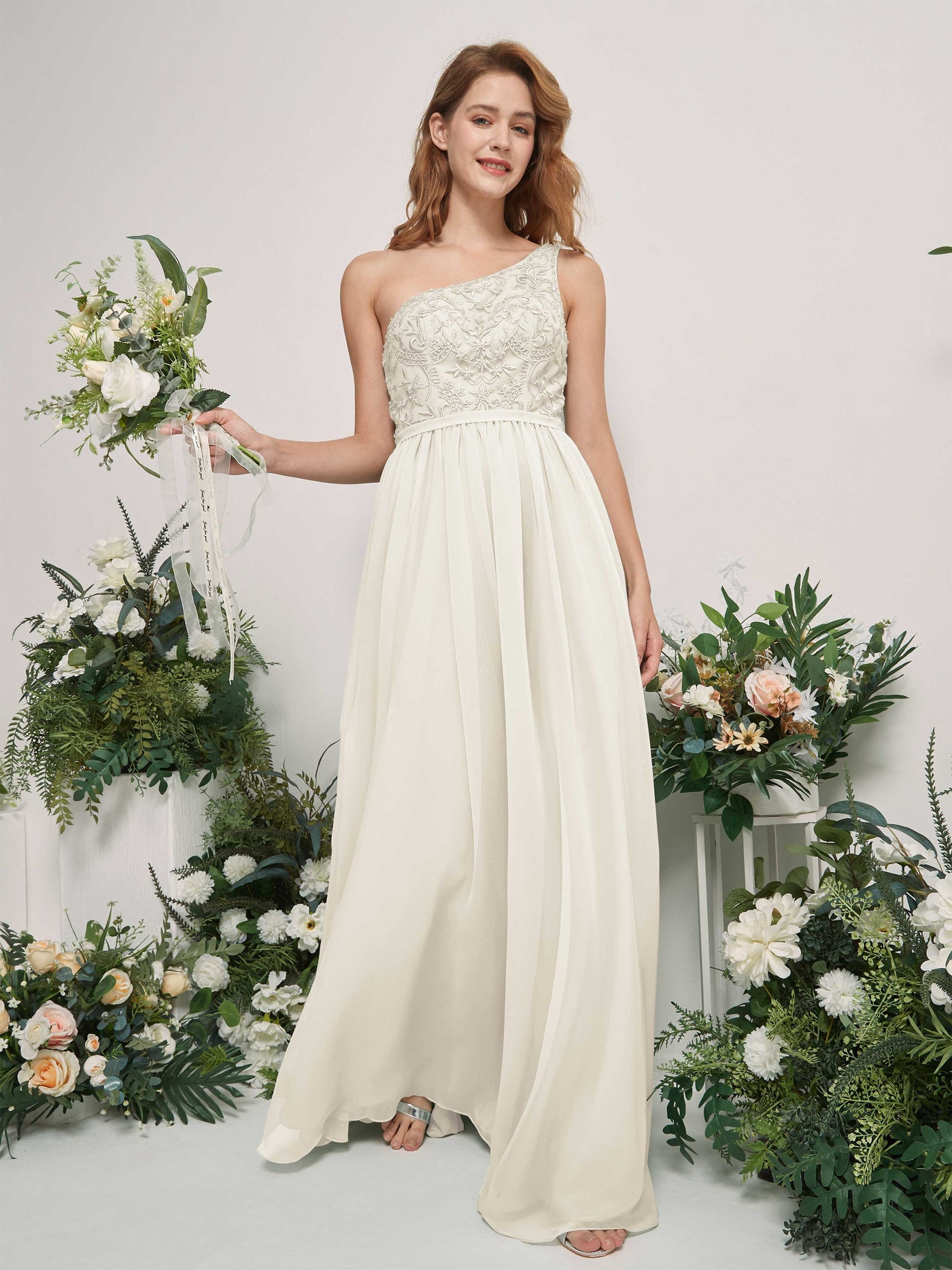 Carlyna A-Linien-Kleid One-Shoulder Bodenlang Chiffon Brautjungfernkleid Elfenbein #farbe_elfenbein