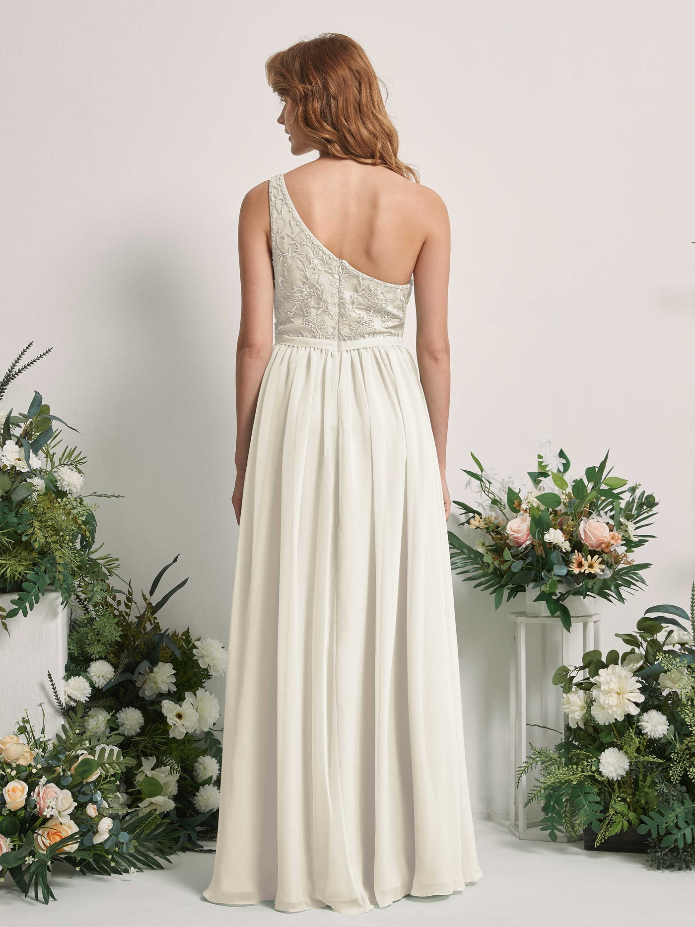 Carlyna A-Linien-Kleid One-Shoulder Bodenlang Chiffon Brautjungfernkleid Elfenbein #farbe_elfenbein