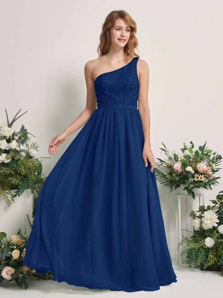 Carlyna A-Linien-Kleid One-Shoulder Bodenlang Chiffon Brautjungfernkleid Königsblau 