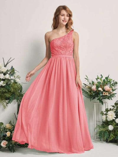 Carlyna A-Linien-Kleid One-Shoulder Bodenlang Chiffon Brautjungfernkleid Korallenrosa #farbe_korallenrosa