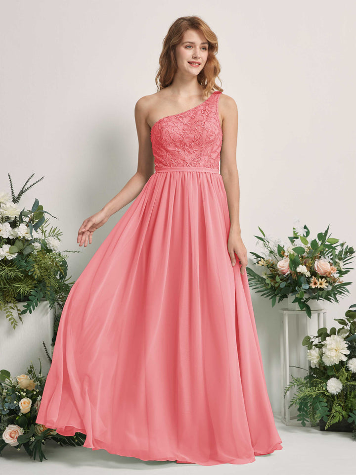 Carlyna A-Linien-Kleid One-Shoulder Bodenlang Chiffon Brautjungfernkleid Korallenrosa 