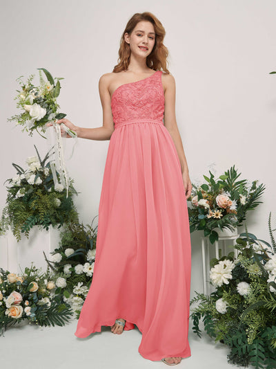 Carlyna A-Linien-Kleid One-Shoulder Bodenlang Chiffon Brautjungfernkleid Korallenrosa #farbe_korallenrosa