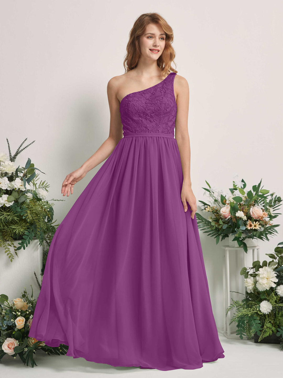 Carlyna A-Linien-Kleid One-Shoulder Bodenlang Chiffon Brautjungfernkleid Lila 